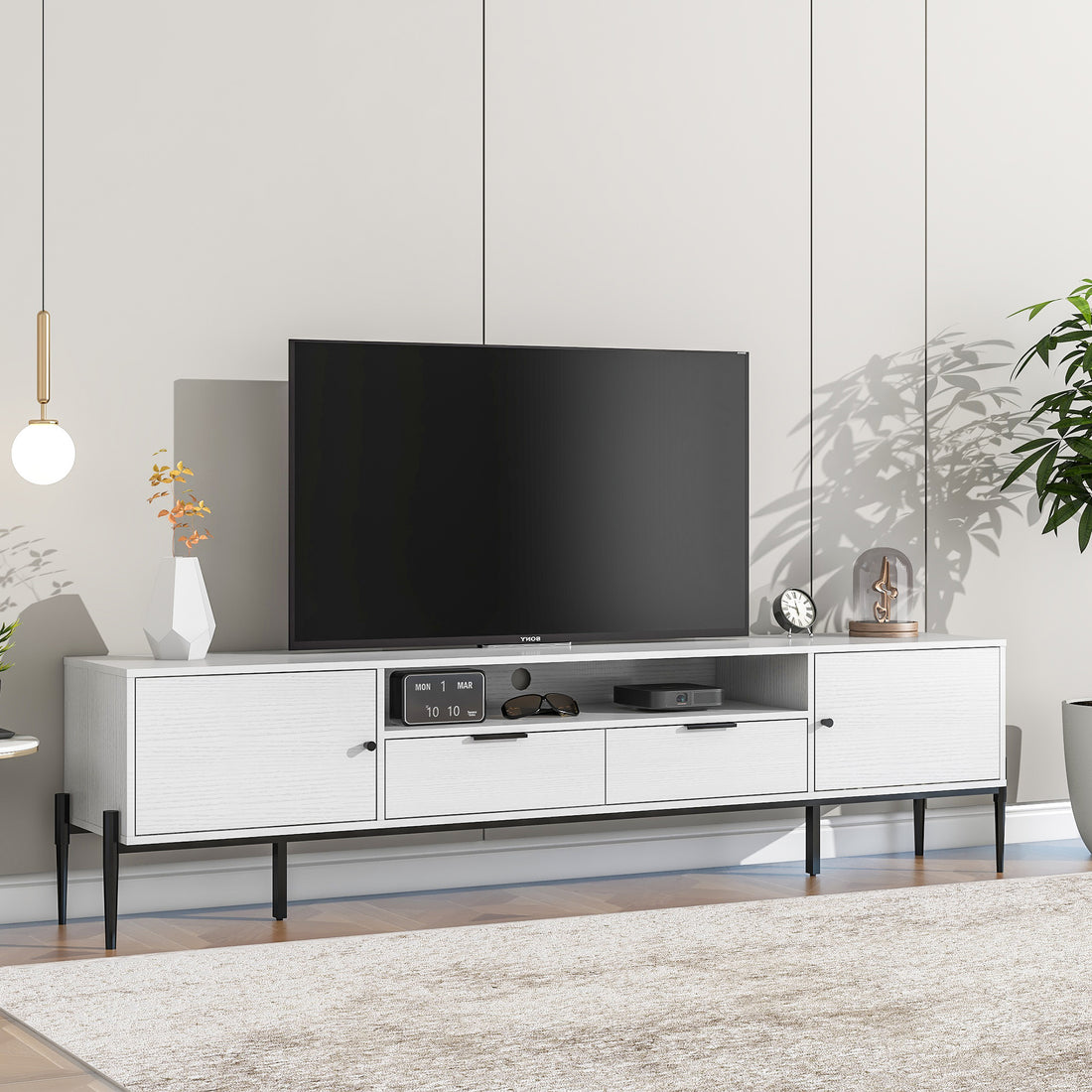 Modern Tv Console, Entertainment Center With Storage For Living Room 70.86X15.74X21.85Inch 5 Or More Spaces White Primary Living Space Particle Board