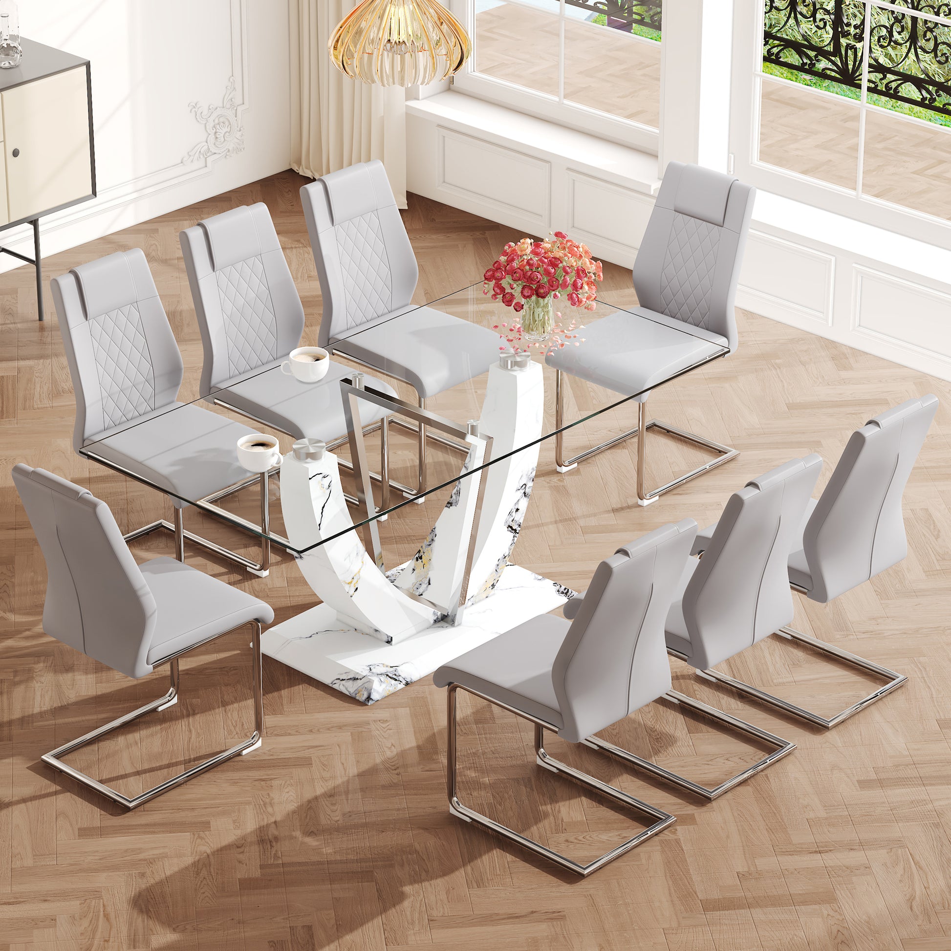 Table And Chair Set, Large Modern Rectangular Glass Table, Can Accommodate 6 8 People, Equipped With A 0.39 Inch Tempered Glass Tabletop And Mdf Table Legs.Paired With Comfortable And Soft Chairs. Light Gray Mdf Glass