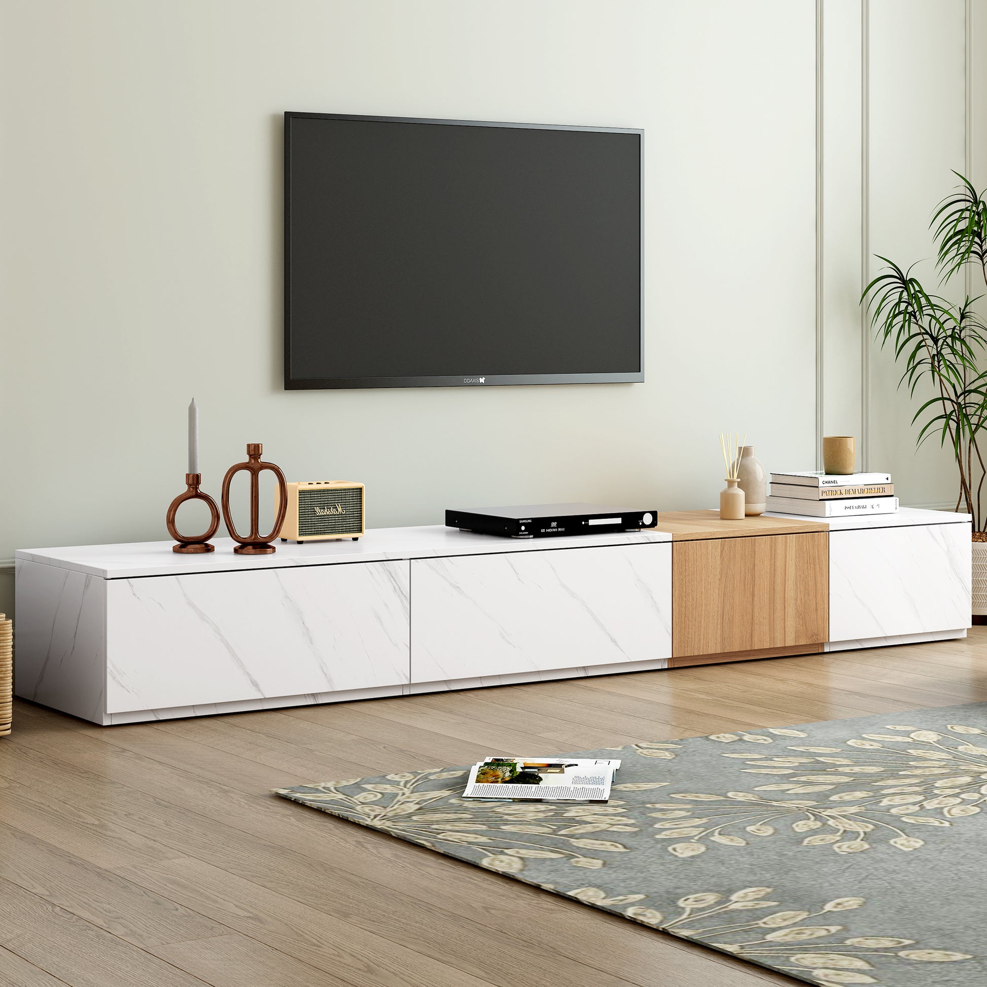 Tv Stand With Faux Marble And Walnut Wood Grain Finish For Tvs Up To 88'', Modern Free Combination Entertainment Center With 4 Storage Drawers For Living Room, White White 80 89 Inches Particle Board