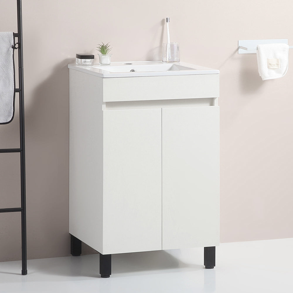 20 "White Bathroom Cabinet Black Tripod With Ceramic Sink White Solid Wood