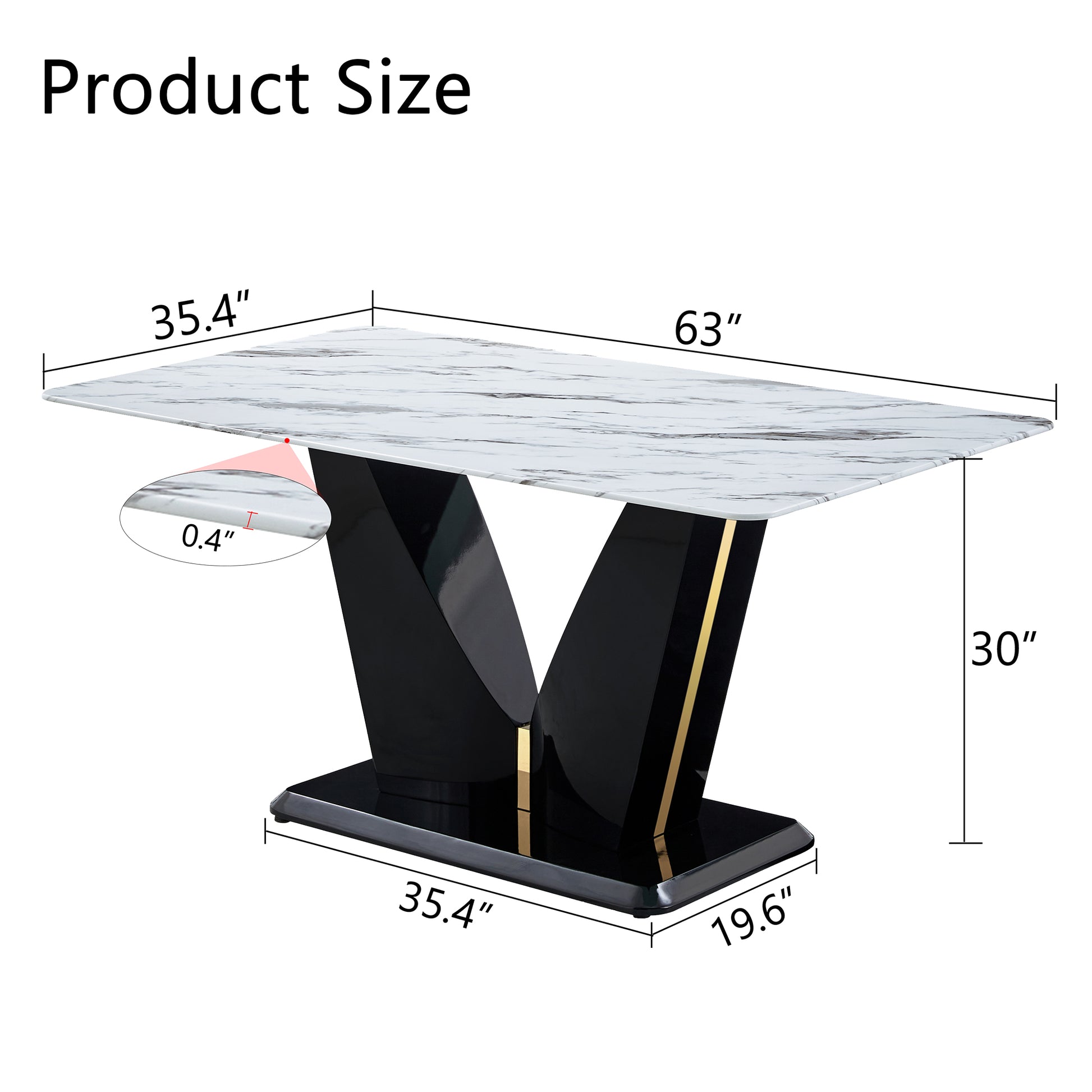 Modern Minimalist Rectangular Dining Table, 0.4 Inch Thick, White Imitation Marble Pattern Tabletop, Black Mdf Table Legs. Suitable For Kitchens, Restaurants, And Living Rooms63'' X 35.4'' X 30'' F