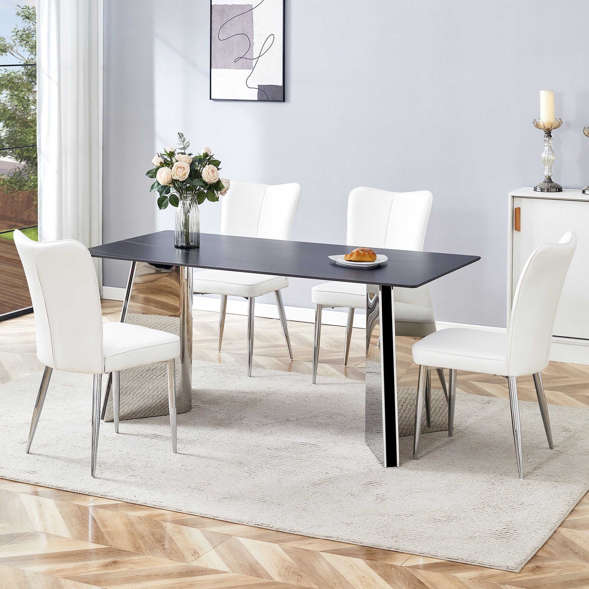 Table And Chair Set.63"X31.5X30" Black Marble Patterned Slabs Tabletop With Stainless Steel Butterfly Legs.Paired With 4 White Pu Dining Chairs With A Vertical Stripe Design On The Backrest. White