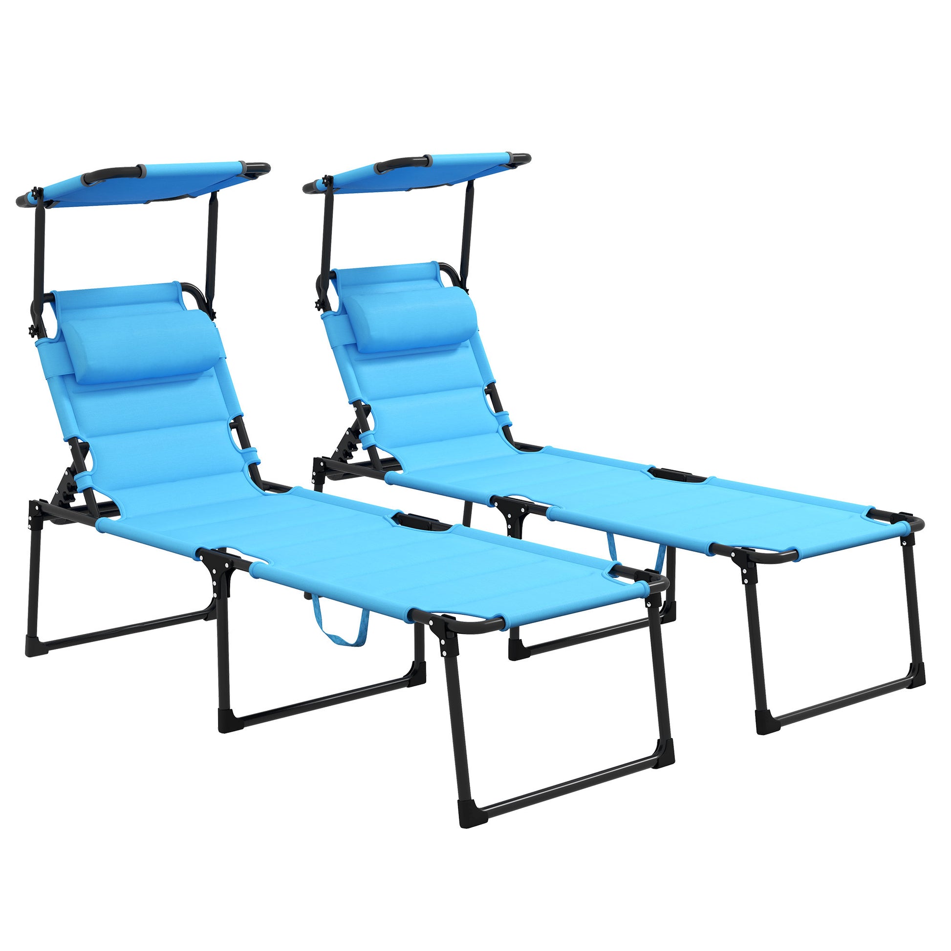 Outsunny 2 Pcs Outdoor Lounge Chair, Adjustable Backrest Folding Chaise Lounge, Cushioned Tanning Chair W Sunshade Roof & Pillow Headrest For Beach, Camping, Hiking, Light Blue Light Blue Steel