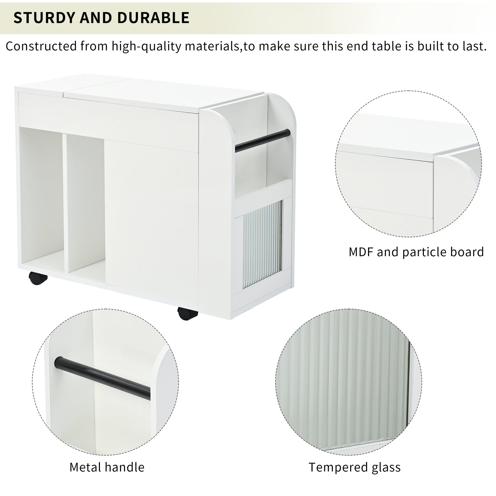 Multifunctional End Table With Wheels, Side Table With Tempered Glass Door, 2 Storage Shelves, 2 Drawers For Living Room, White White Mdf
