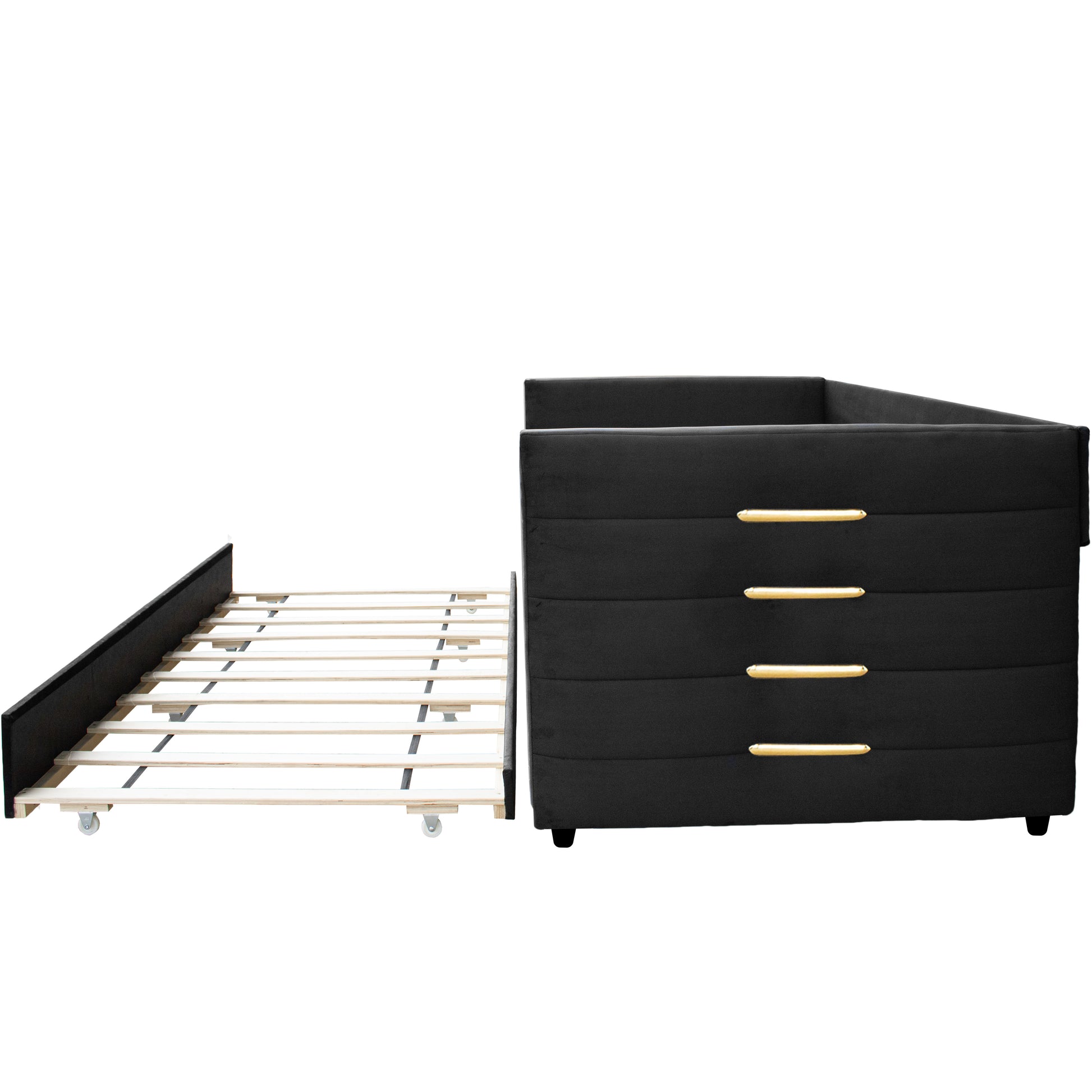 Black Upholstered Twin Size Daybed With Trundle, Velvet Fabric, Gold Iron Bar Design, No Springs Required, Moderen Style Box Spring Not Required Twin Black Wood Espresso Bedroom Minimalist,Modern,Ultra Modern Rubberwood Fiber Foam And Polyester Fiber Pad