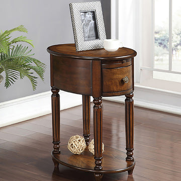 Dark Oak Accent Table With Bottom Shelf Dark Oak Primary Living Space Freestanding Rubberwood Oval Drawers Coffee & End Tables Oval Wood H Shape