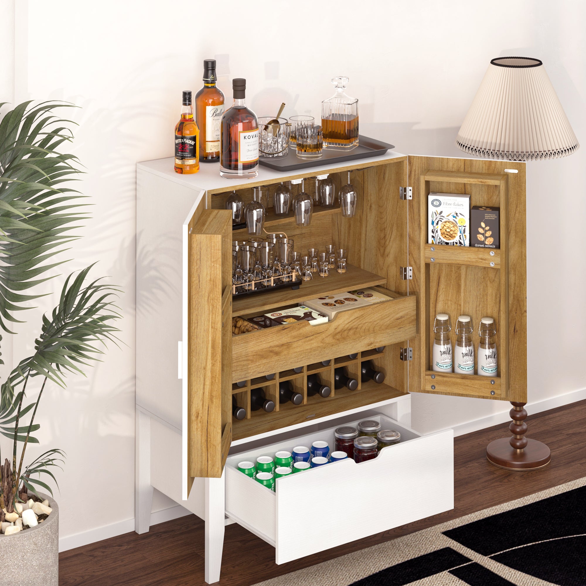 Bar Cabinet,Wine Bar Cabinet,Liquor Storage Credenza,Sideboard With Wine Racks & Stemware Holder,Wine Glass Holder,Metal Handle,Can Be Placed In Family Bars,Hallways,Living Rooms,Color:White Brown 5 Or More Spaces Distressed Finish Brown White Primary