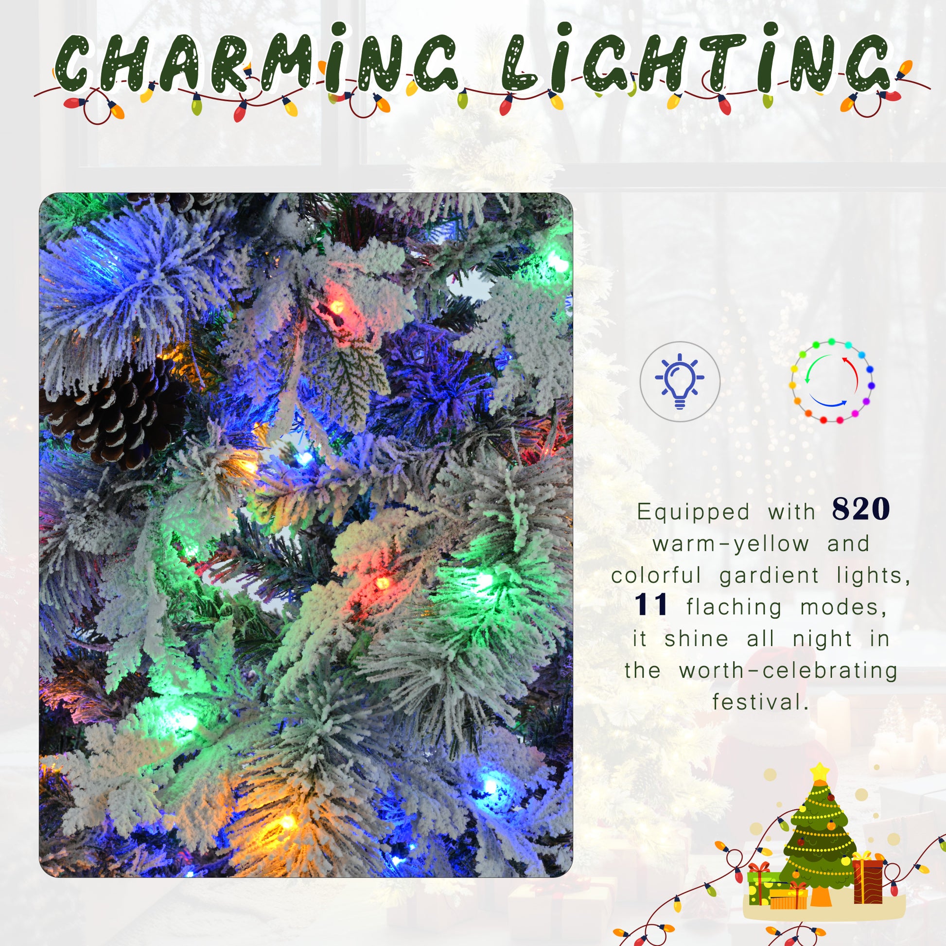 4Ft Pre Lit Spruce Snow Flocked Christmas Tree With Pine Cones, Artificial Xmas Tree With 170 Branch Tips,Mixed Pe & Pvc Branches, 120 Multi Color Led Lights, 11 Flashing Modes, Holiday D Cor White Green Polyethylene,Pvc