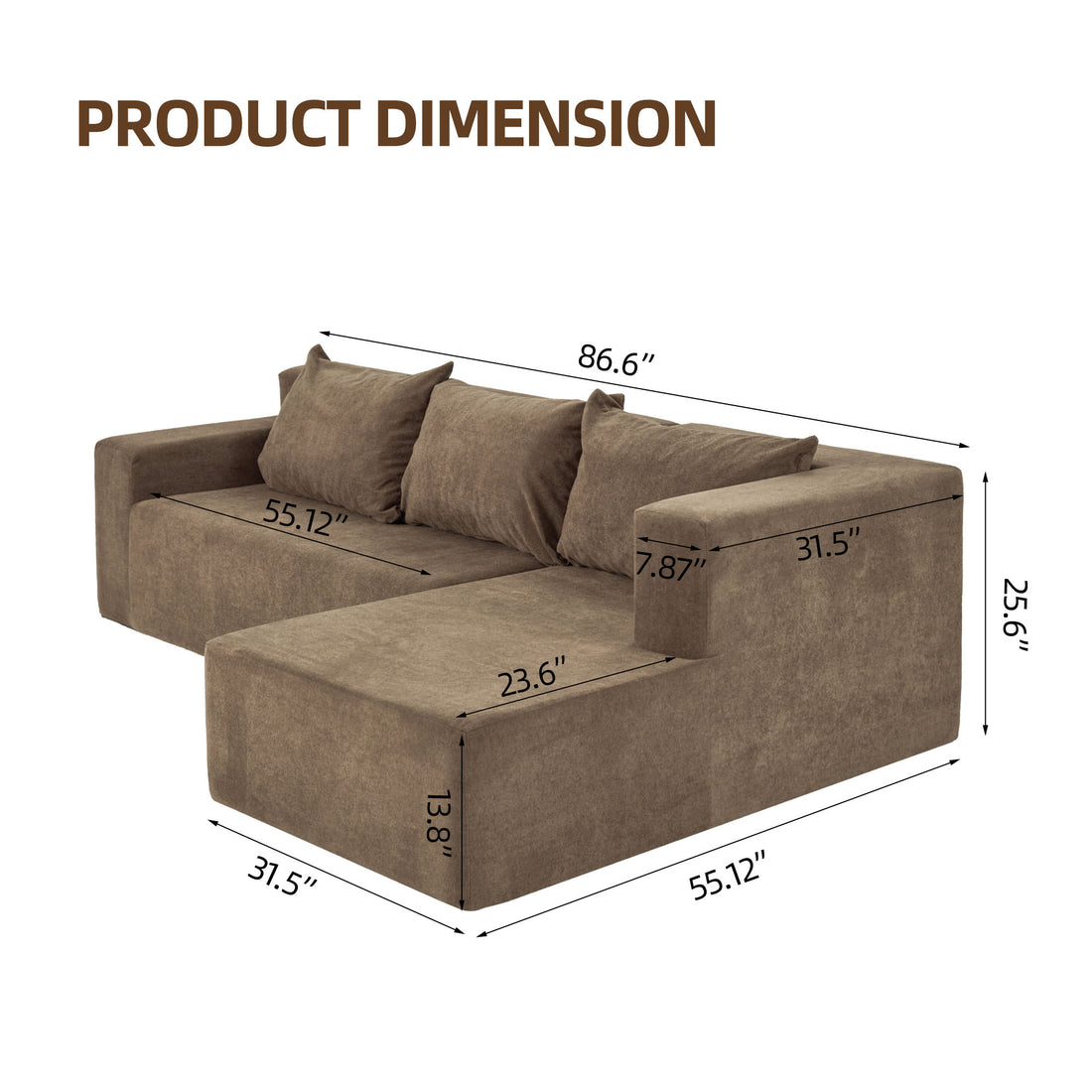 L Shape Sectional Sofa, Modular Sectional Living Room Sofa Set, Minimalist Style Couch, Upholstered Snow Velvet Sleeper Sofa With Pillows For Living Room, Salon, 2 Pc Free Combination Khaki Polyester Primary Living Space Medium Firm Cushion Back L Shaped