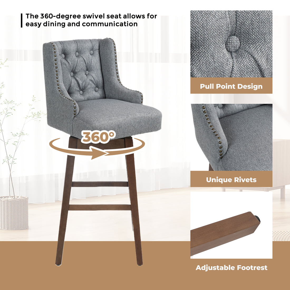 Coolmore Bar Stools Set Of 2 Counter Height Chairs With Footrest For Kitchen, Dining Room And 360 Degree Solid Wood Legs Swivel Bar Stools Set Of 2 Gary Linen Gray Foam Linen