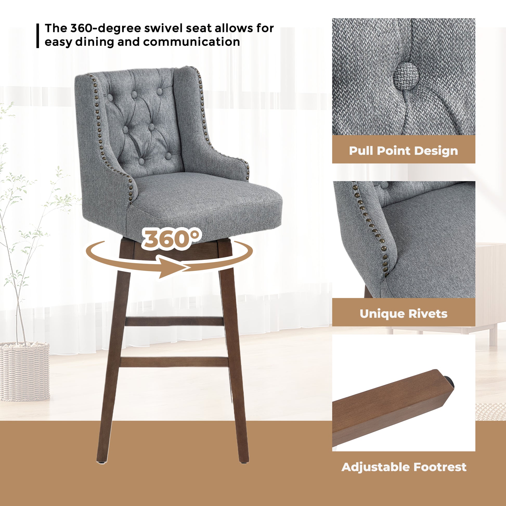 Coolmore Bar Stools Set Of 2 Counter Height Chairs With Footrest For Kitchen, Dining Room And 360 Degree Solid Wood Legs Swivel Bar Stools Set Of 2 Gary Linen Gray Foam Linen