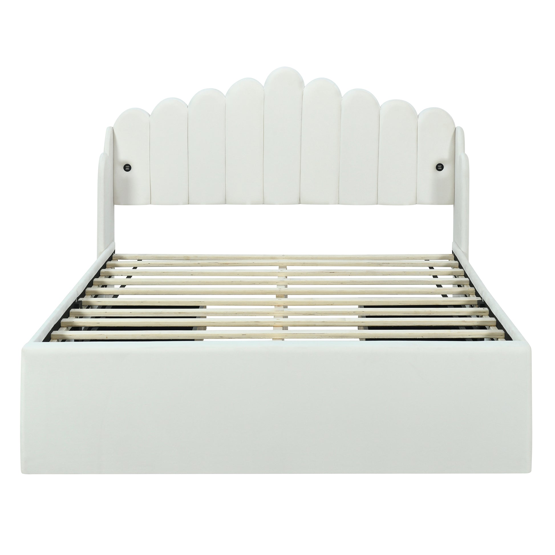 Full Size Upholstered Platform Bed With 4 Drawers And 2 Usb, Beige Box Spring Not Required Full Beige Wood Bedroom Bed Frame Polyester Upholstered