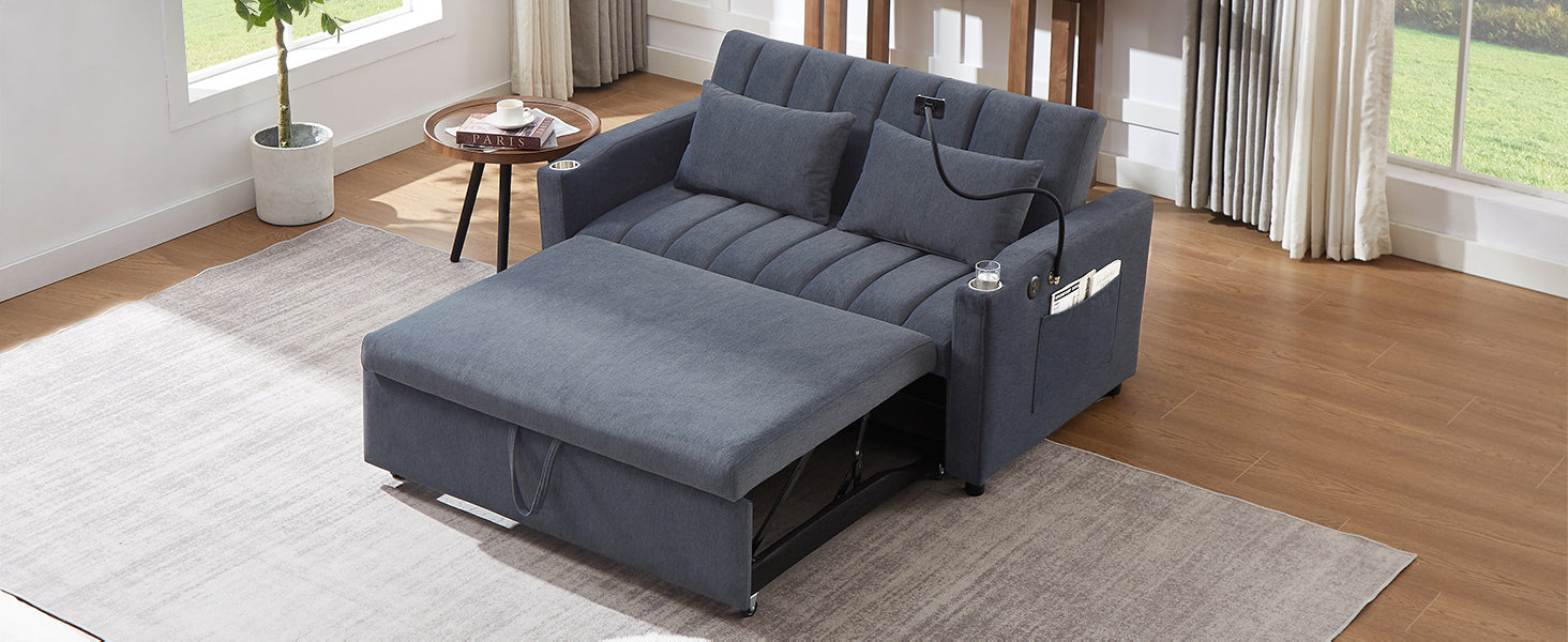 55.9" Convertible Sofa Bed Loveseat Sofa With Three Usb Ports, Two Side Pockets, Two Cup Holders And 360 Swivel Phone Holder For Living Room, Blue Grey Blue Gray Foam Polyester