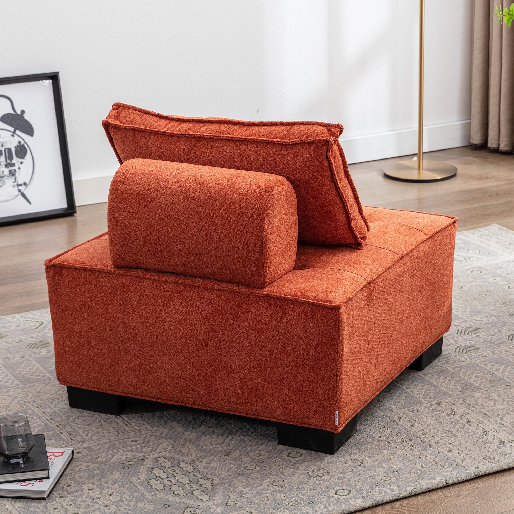 Coolmore Modern Upholstered Chair Leisure Sofa Lazy Sofa Plastic Legs And Pillow Removable Armless Accent Chair For Living Room,Bedroom,Office Orange Linen Orange Foam Linen
