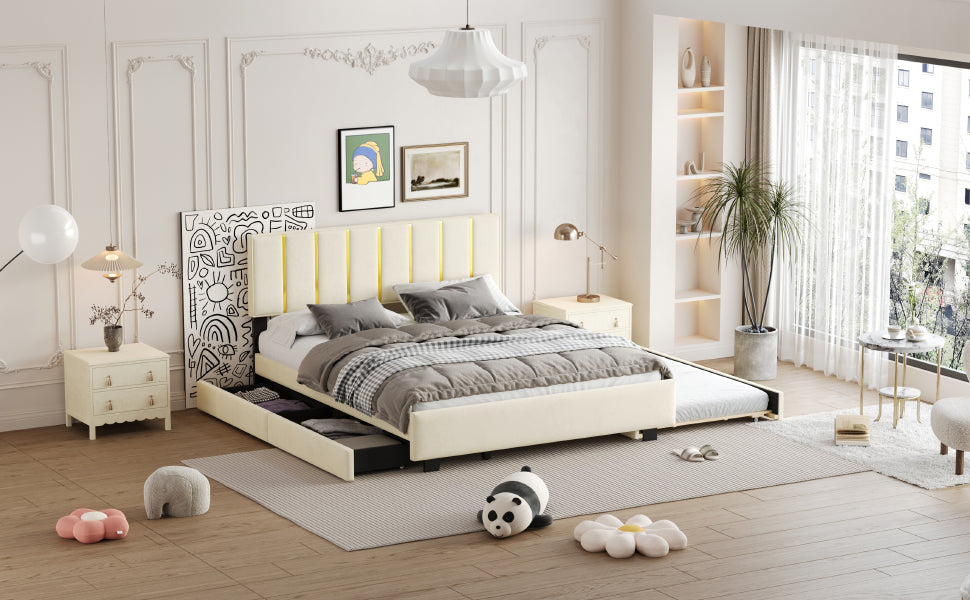 Queen Size Upholstered Platform Bed With 2 Drawers And 1 Trundle, Classic Metal Strip Headboard Design, Beige Queen Beige Mdf Lvl