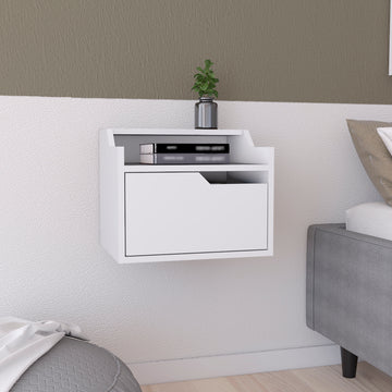 Winchester Floating Nightstand, Modern Dual Tier Design With Spacious Single Drawer Storage, White White Solid Wood Mdf Engineered Wood