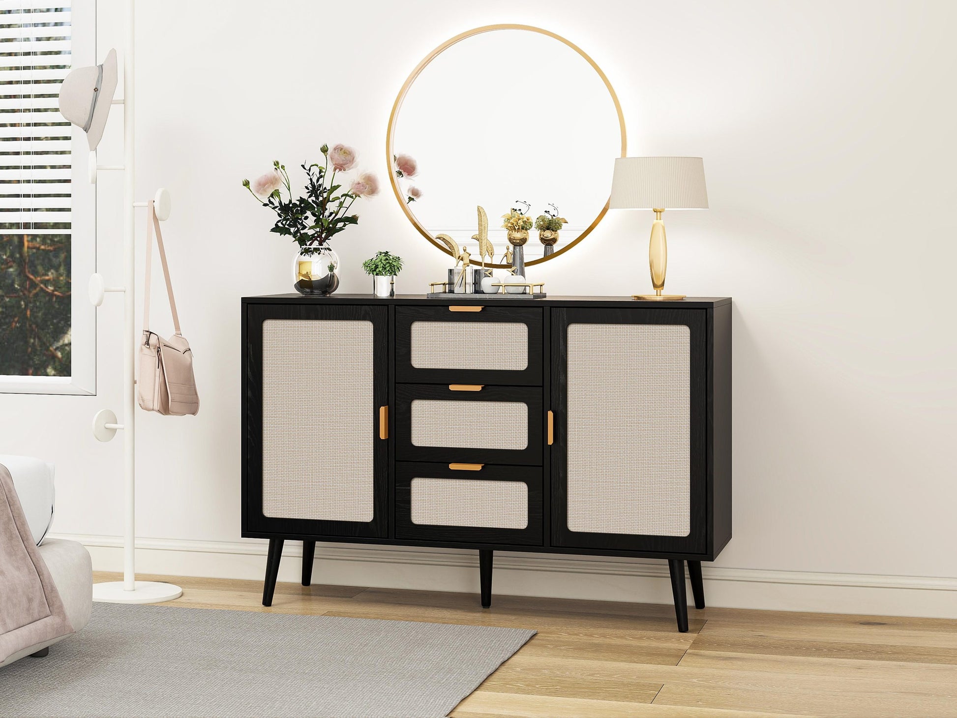 2 Door 3 Drawer Cabinet, Accent Storage Cabinet, Suitable For Living Room, Bedroom, Dining Room, Study Black Mdf