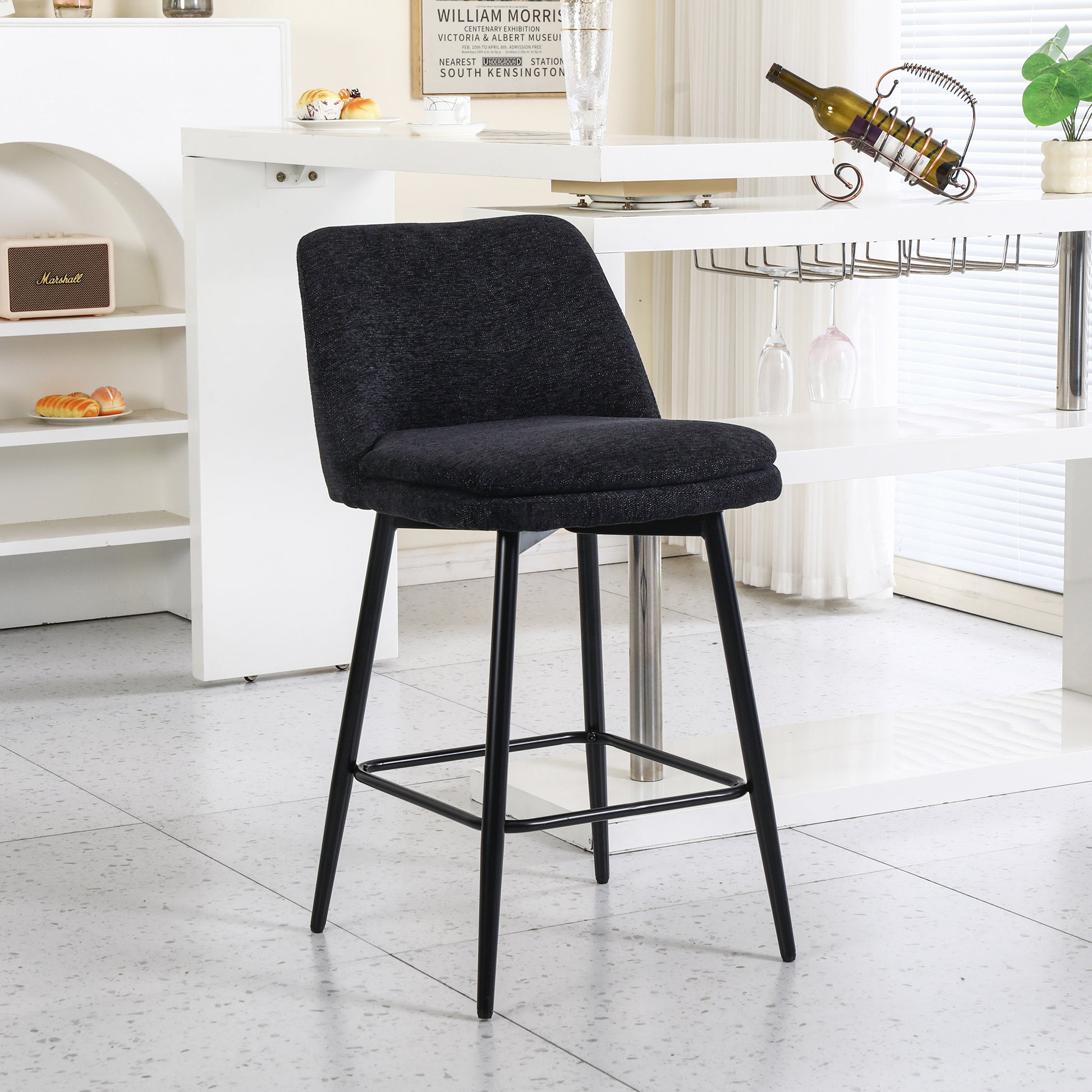 Counter Height Swivel Bar Stools Set Of 2, 360 Swivel Upholstered Barstools With Back And Metal Legs, 25.6" Seat Height,Counter Stools For Kitchen Island And Pub,Linen Cloth,Black Linen. Black Set