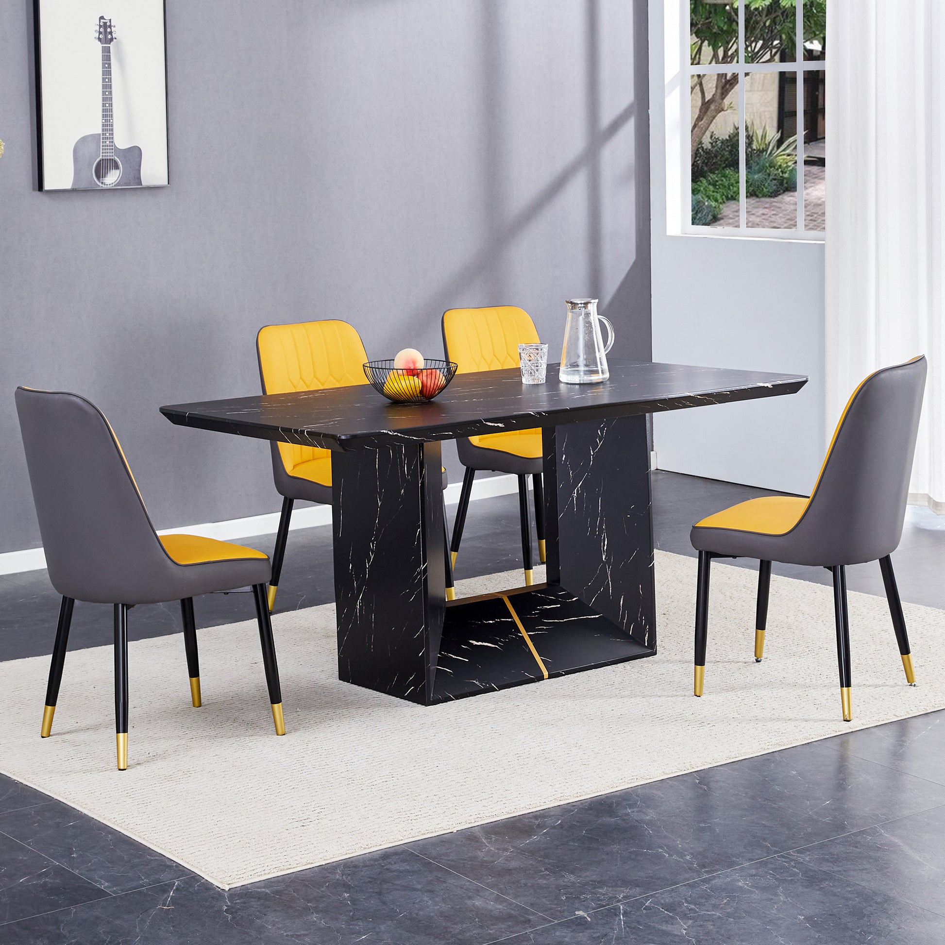 Table And Chair Set.This Modern Dining Table With Mdf Marbled Design Gives You A Luxurious And Elegant Feel.Paired With Multiple Chairs With Pu Artificial Leather Backrest Cushions And Black Legs. Yellow Black Seats 4 Mdf