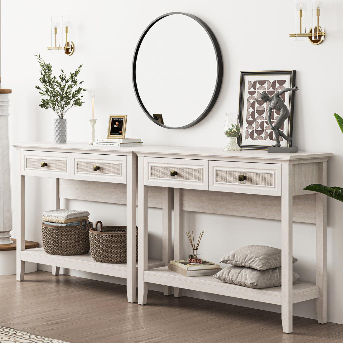 Console Table With Rattan Drawers, Wooden Sofa Tables, Narrow Long Boho Entryway Table, Side Couch Entry Table For Living Room White Wood Rattan