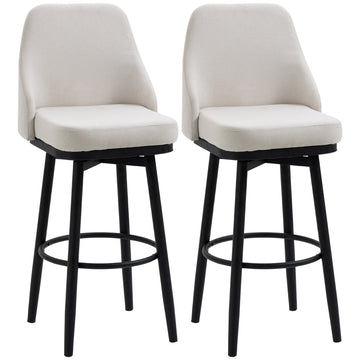 Homcom Bar Height Bar Stools Set Of 2, Modern 360 Swivel Barstools, 29.5 Inch Seat Height Upholstered Kitchen Chairs With Steel Legs And Footrest, Cream White Cream White Polyester