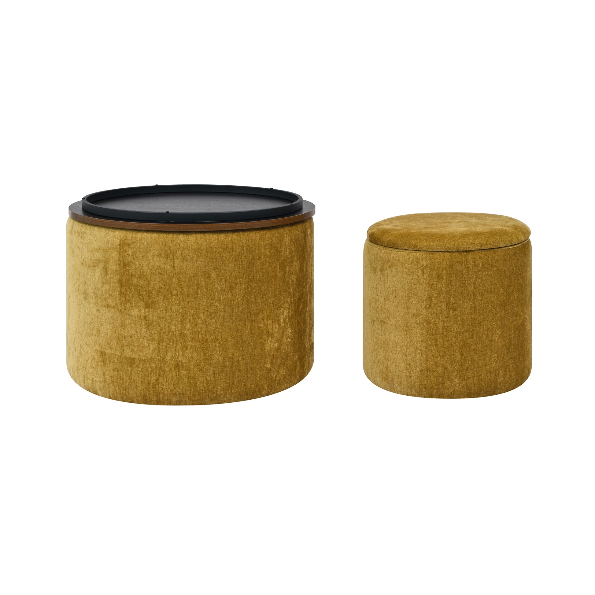2 Piece Set Round Chenille Storage Ottoman, Equipped With A Drum Shaped Small Stool, Storage Space, And Mdf Made Desktop Panel Dark Yellow 23.62"X23.62"X16.53" Dark Yellow Chenille