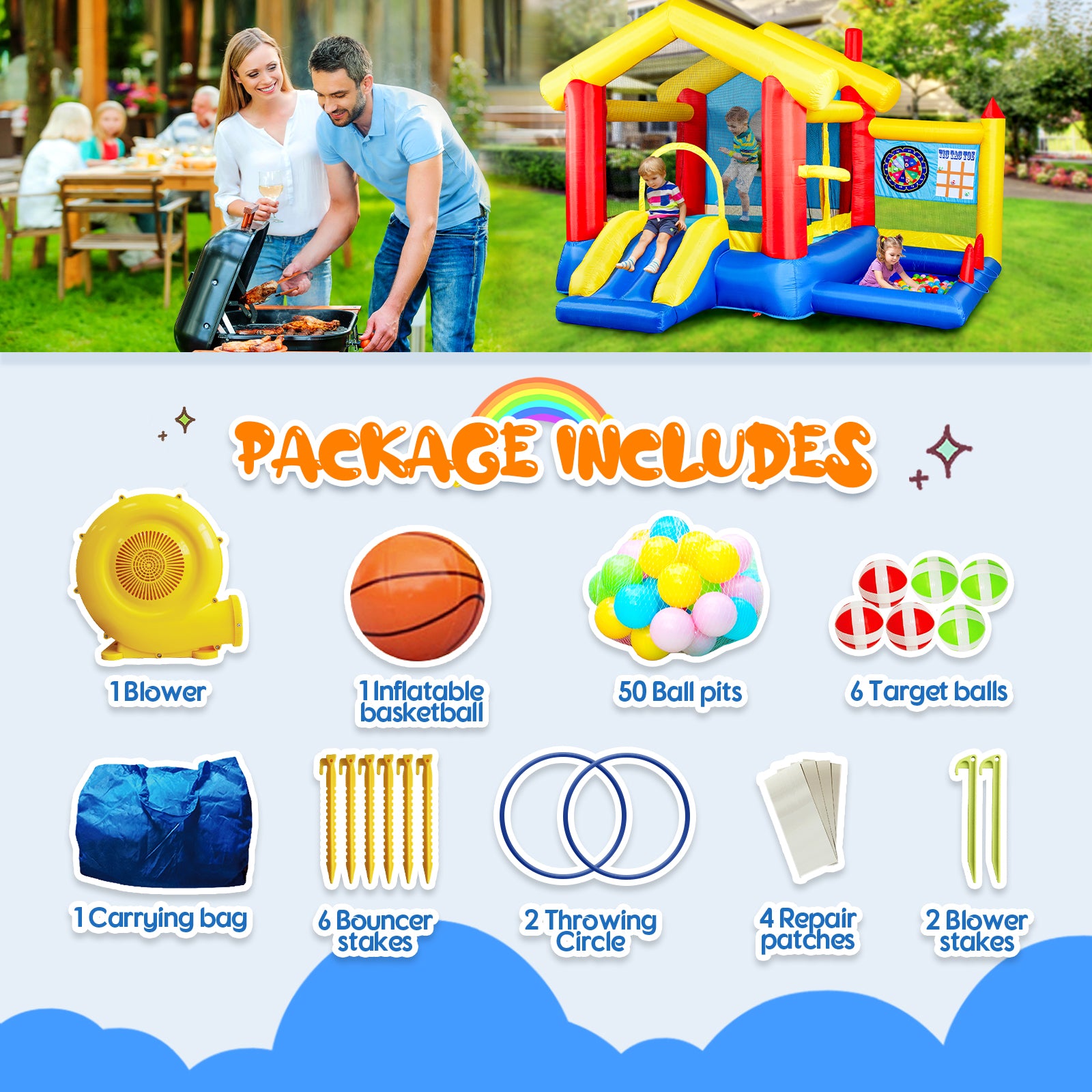 8 In 1 Inflatable Bounce House With Blower Basketball Hoop Ocean Balls Ring Toss Game Target And Sticky Ball Game For Kids Multicolor Oxford Fabric