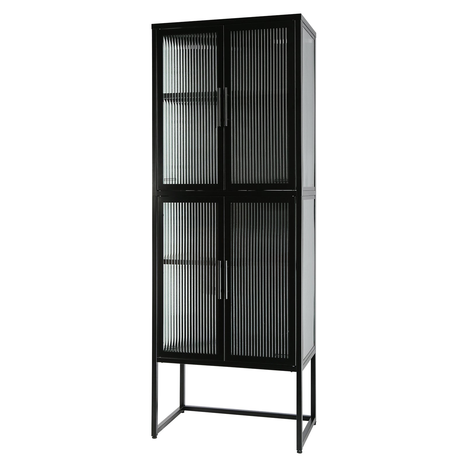 Stylish 4 Door Tempered Glass Cabinet With 4 Glass Doors Adjustable Shelves U Shaped Leg Anti Tip Dust Free Fluted Glass Kitchen Credenza Black Black Tempered Glass Sheet Metal Plastic