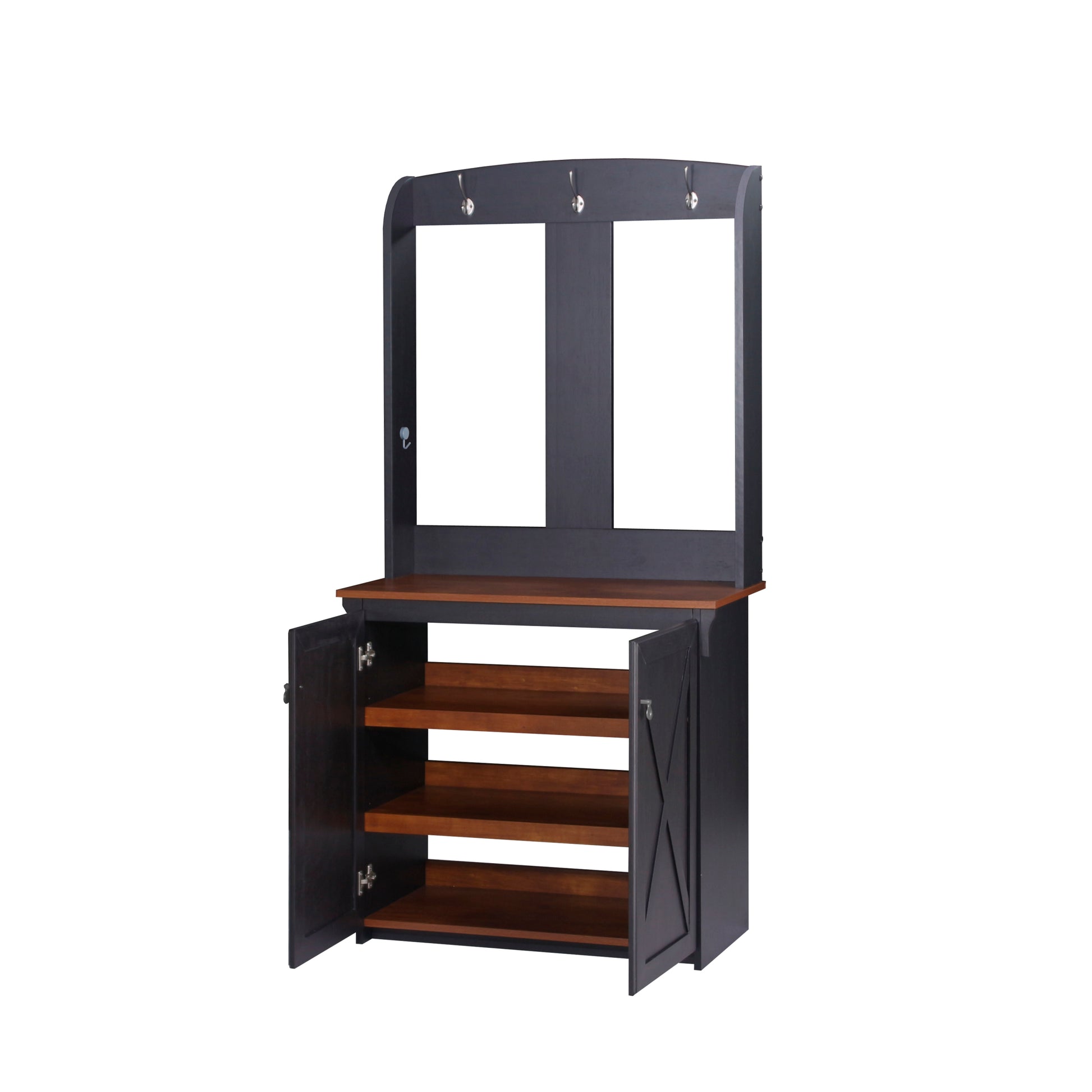 Hall Tree & Cabinet "Versatile Hall Tree With Bench And Shoe Storage Antique Black & Maple Finish, Modern Entryway Organizer With Adjustable Shelves" Multicolor Solid Wood