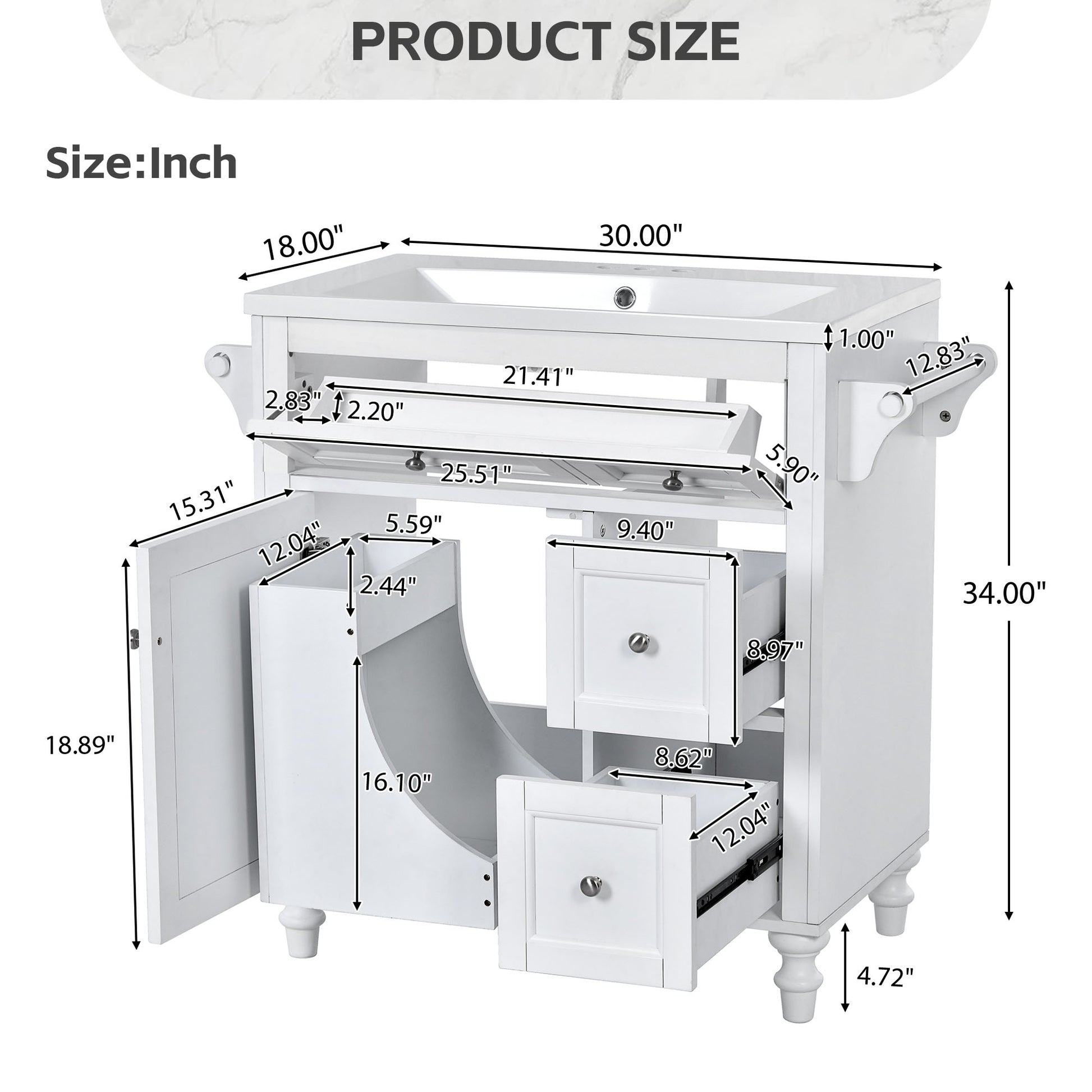 30'' Bathroom Vanity With Top Sink, Modern Bathroom Storage Cabinet With 2 Drawers And A Tip Out Drawer, Single Sink Bathroom Vanity Same As N710S130001K White Bathroom Modern Solid Wood Mdf Resin