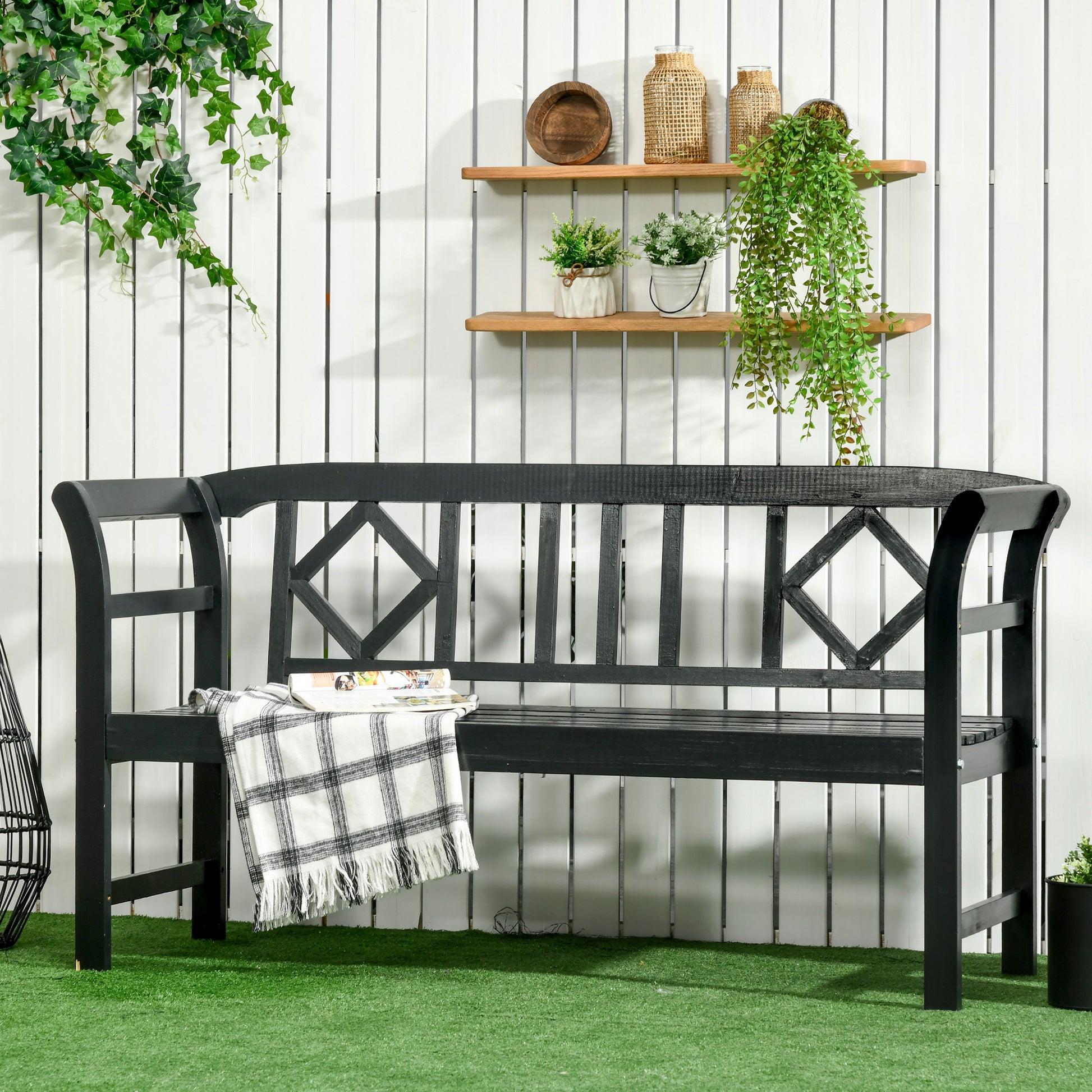 Outsunny Wooden Patio Bench, Outdoor Garden Bench With Backrest And Armrests, 3 Person Porch Bench With Rustic Country Diamond Pattern, Black Black Wood