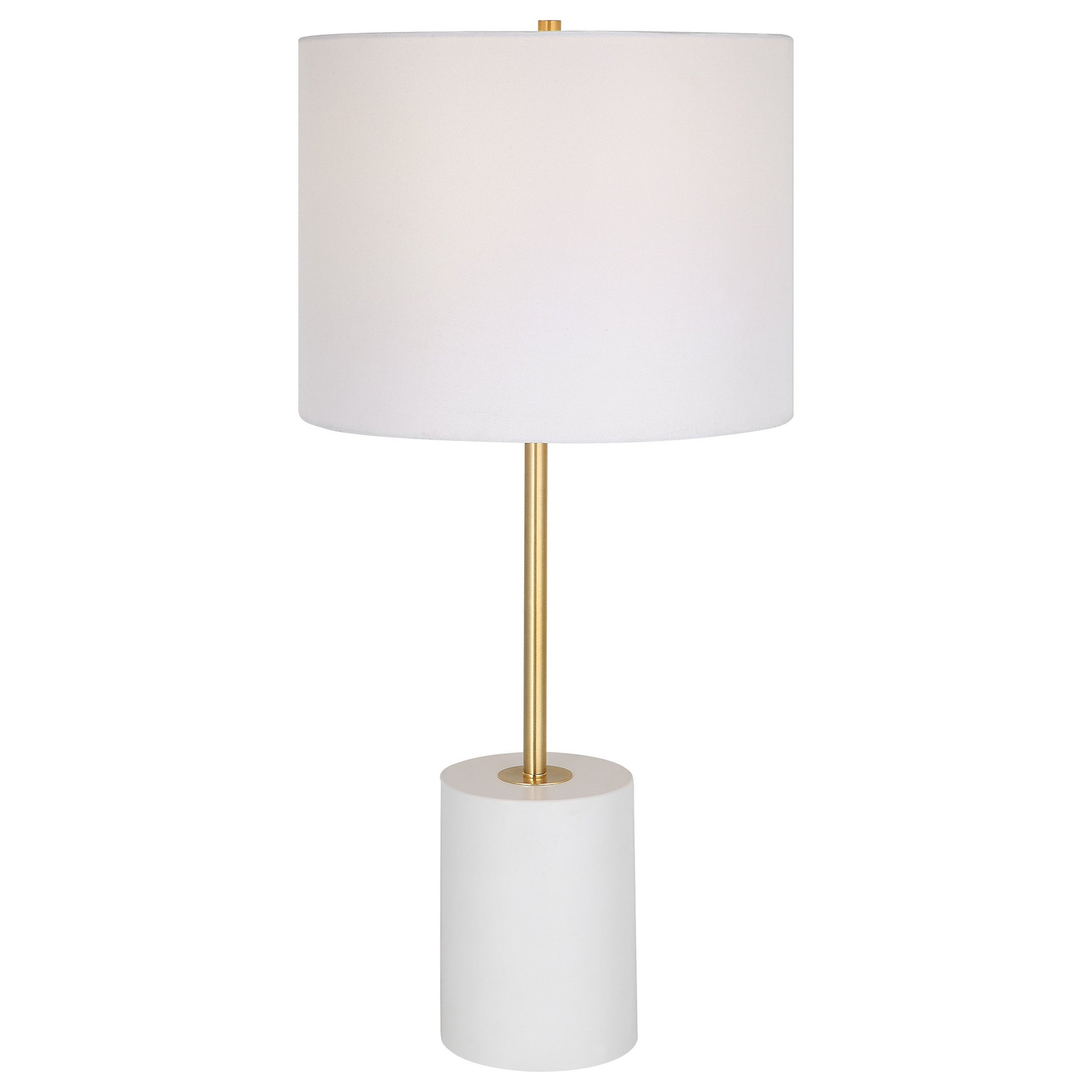 Lily 28 Inch Accent Lamp, Round Hardback Drum Shade, White Base, Gold White Gold Fabric Metal