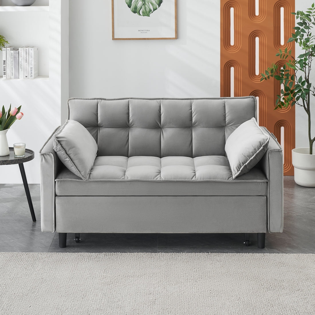 Modern Velvet Loveseat Futon Sofa Couch Pullout Bed, Small Beautiful Seat Lounge Sofa W Reclining Backrest, Toss Pillows, Pockets, Furniture For Living Room,3 In 1 Convertible Sleeper Sofa Bed, Gra Gray Velvet 2 Seat