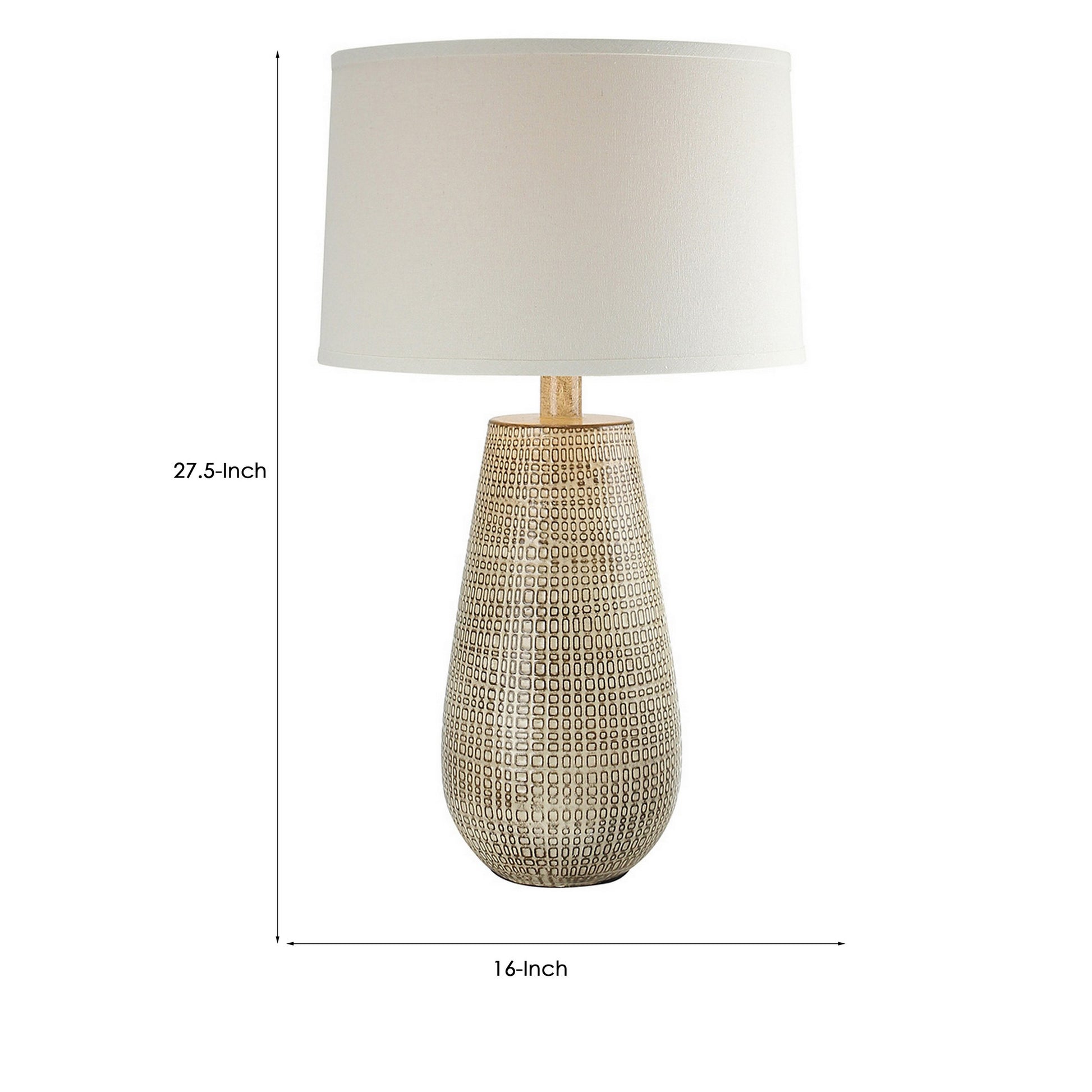 28 Inch Hydrocal Table Lamp, Drum Shade, Curved Geometric Base, Brown Brown White Fabric