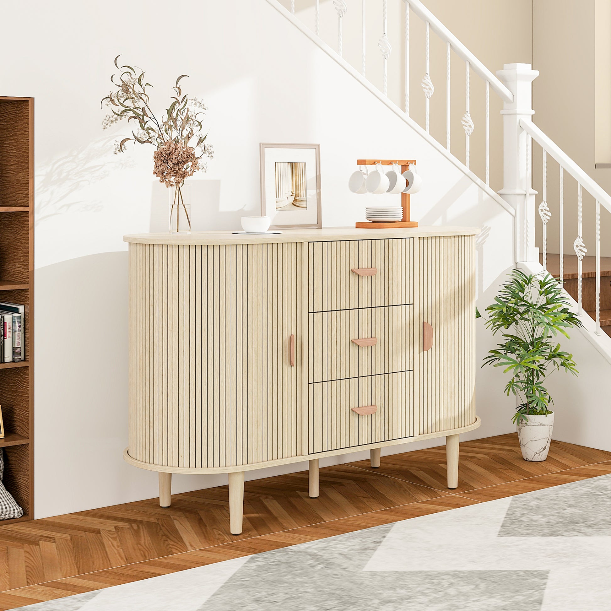 Sideboard Buffet Storage Cabinetaccent Cabinet With Smoothly Sliding Tambour Doorsmodern Kitchen Buffet Cabinet With 3 Drawer And 2 Doors For Living Room Dining Room Natural Mdf