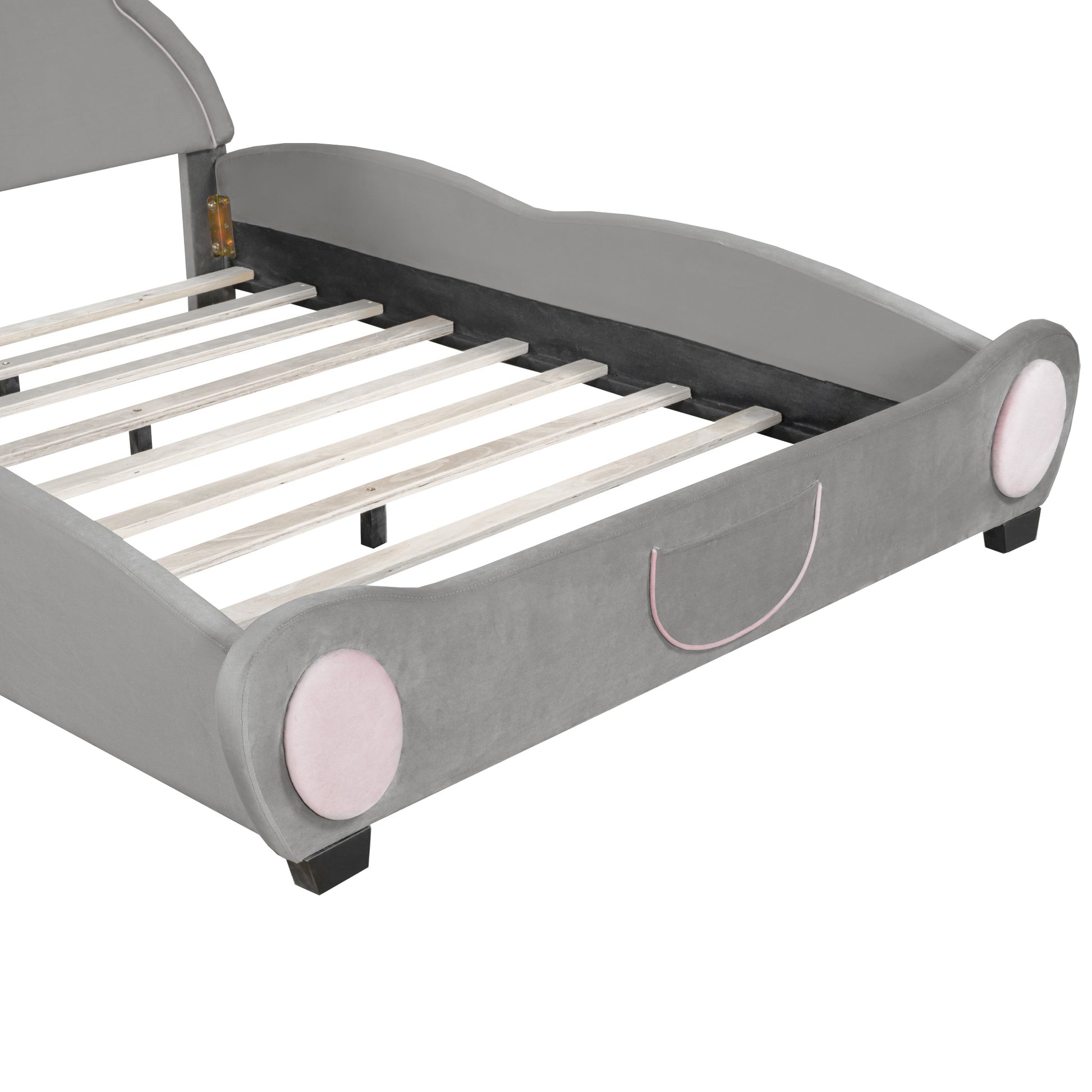 Full Size Velvet Platform Bed With Bear Shaped Headboard, With Bed End Storage Pocket, Gray Full Gray Plywood
