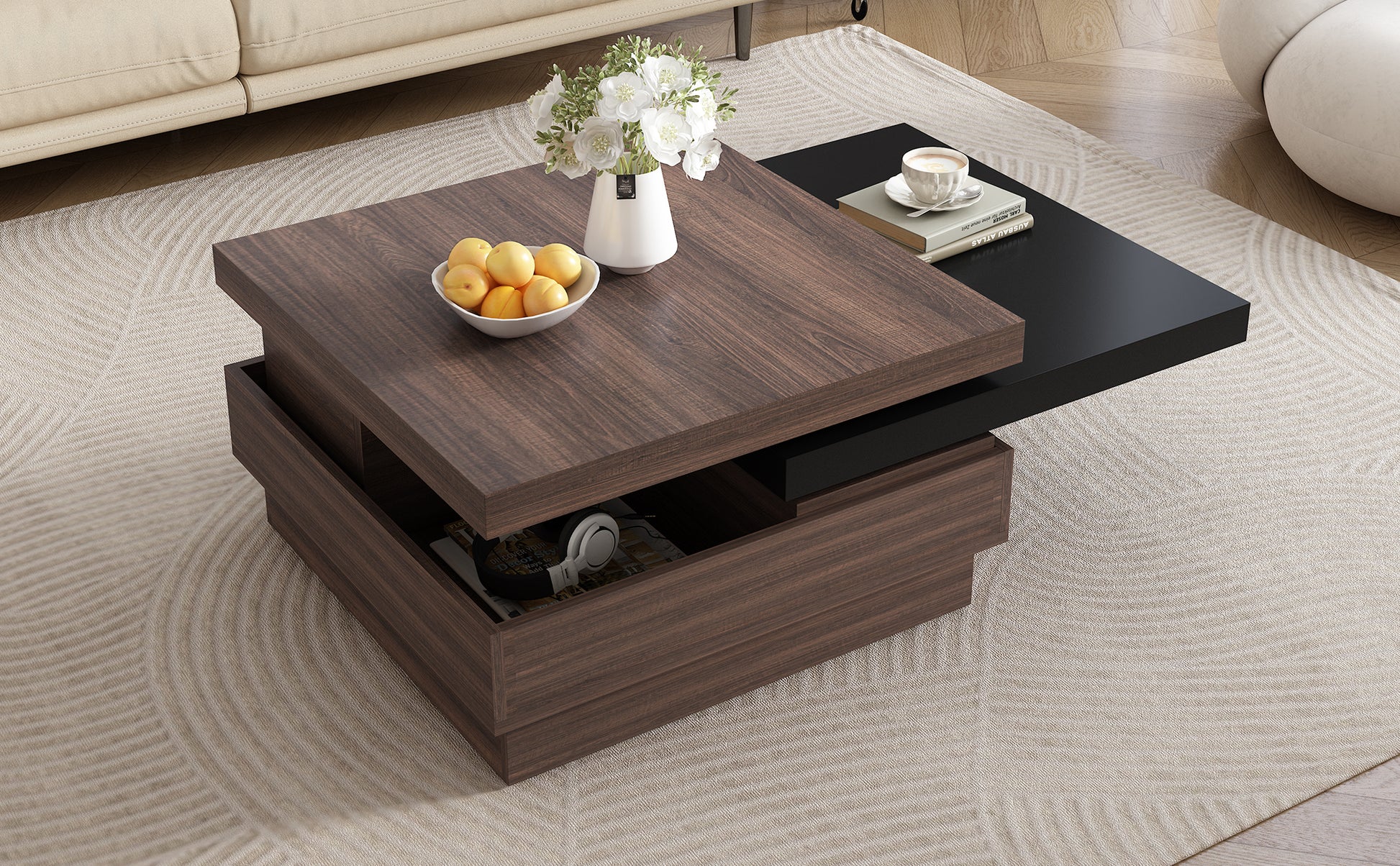 Rotatable Top Coffee Table, Modern Square Coffee Table With Wood Grain Design, 1 Hidden Storage Space For Living Room, Black Brown Black Mdf