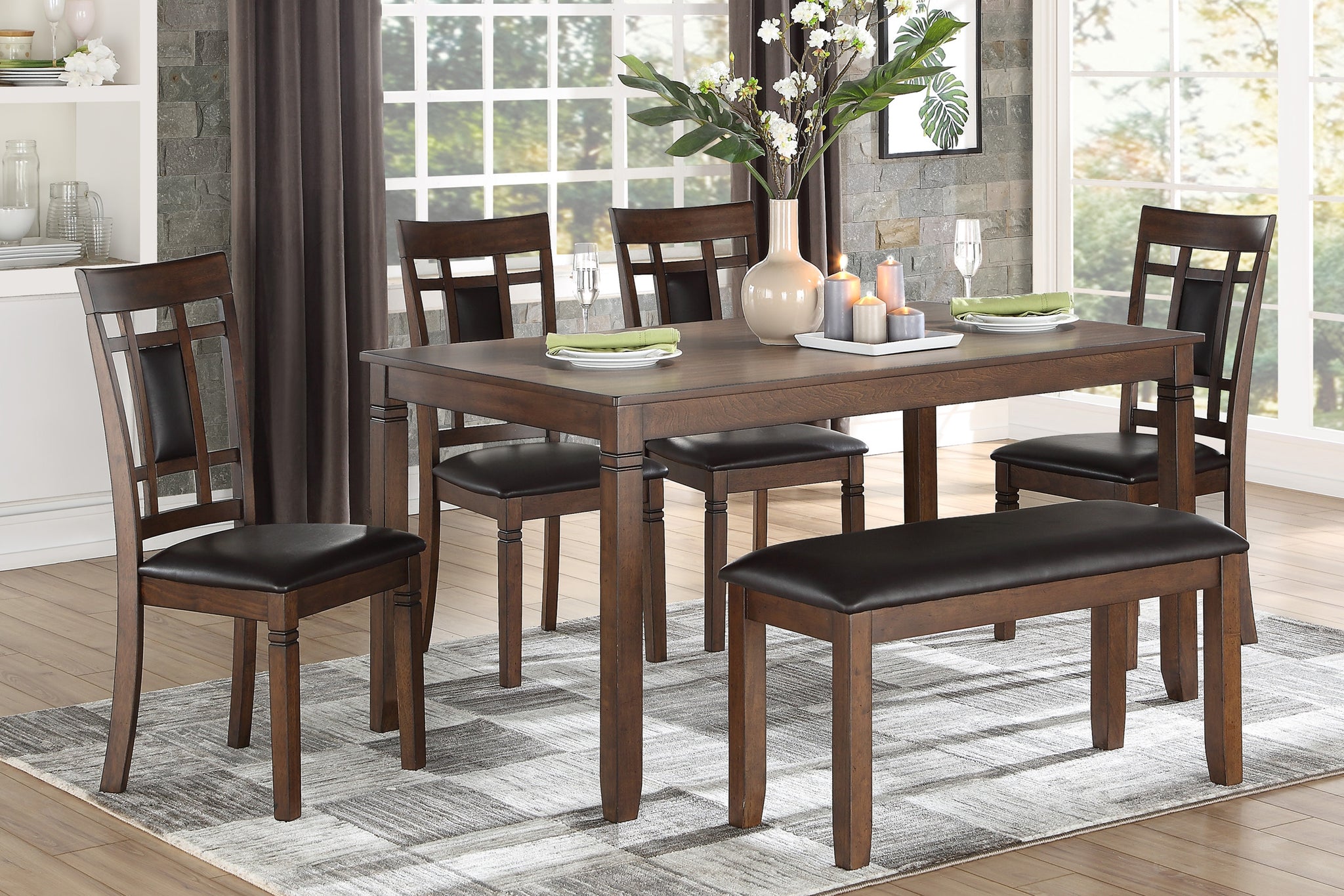 Classic Cherry Finish 6Pc Dinng Set Table Bench 4X Chairs Faux Leather Upholstery Kitchen Dining Furniture Wood Wood Cherry Seats 6 Wood Dining Room 60 Inches Bench Seating Classic,Transitional 4 Leg Rectangular Dining Table With Chair And Bench Wood