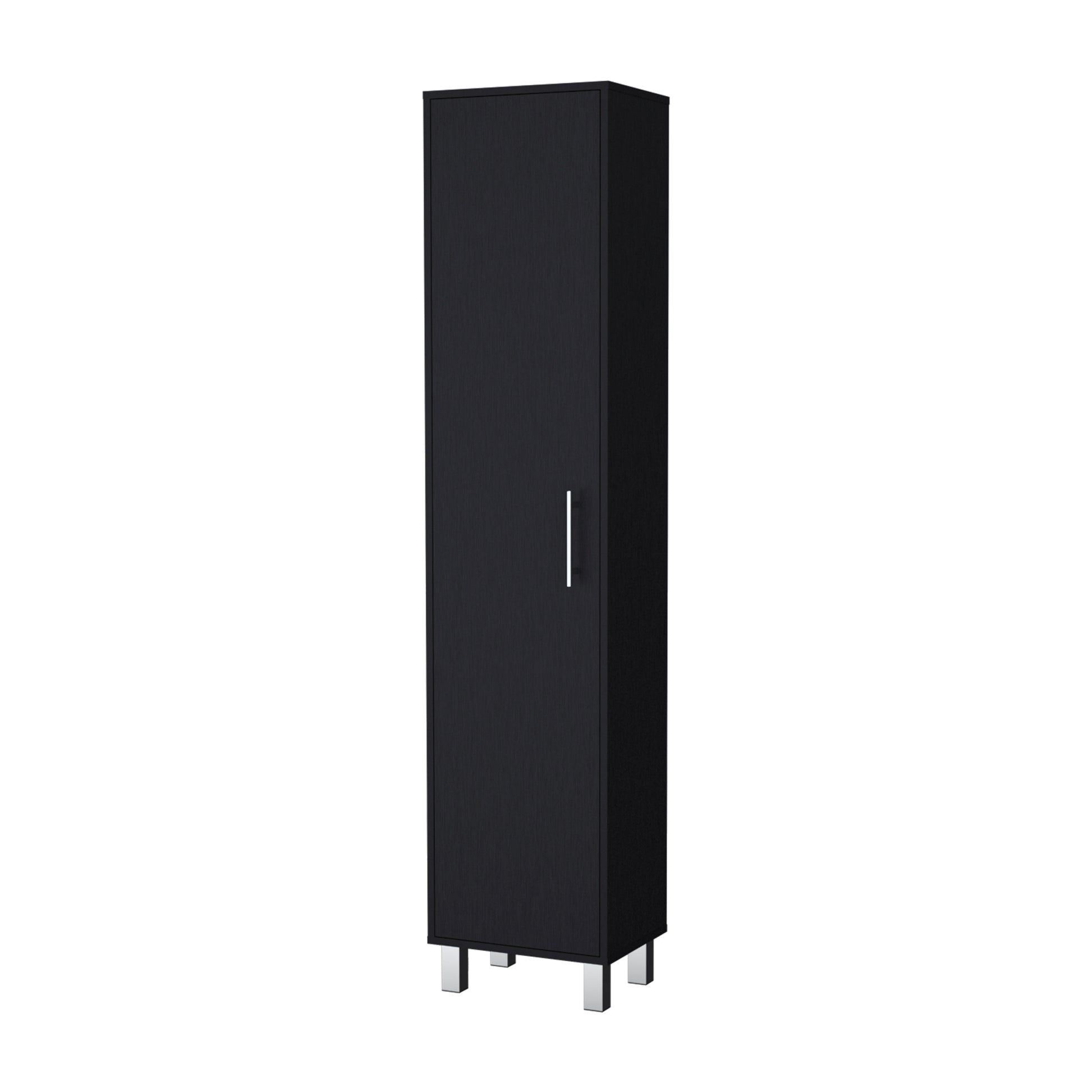 Lawen Tall Storage Cabinet, Single Door, 3 Broom Hangers Black Contemporary Particle Board Melamine