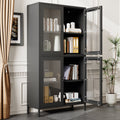 Classic Metal Storage Cabinet Display Cabinet With 4 Glass Doors 4 Shelves Cabinet Bookcase Side Cabinet For Home Office Living Room Kitchen Hallway Black, Flat Tempered Glass Freestanding 3 4 Shelves Glass Pane Black Study Glass Doors Classic Steel