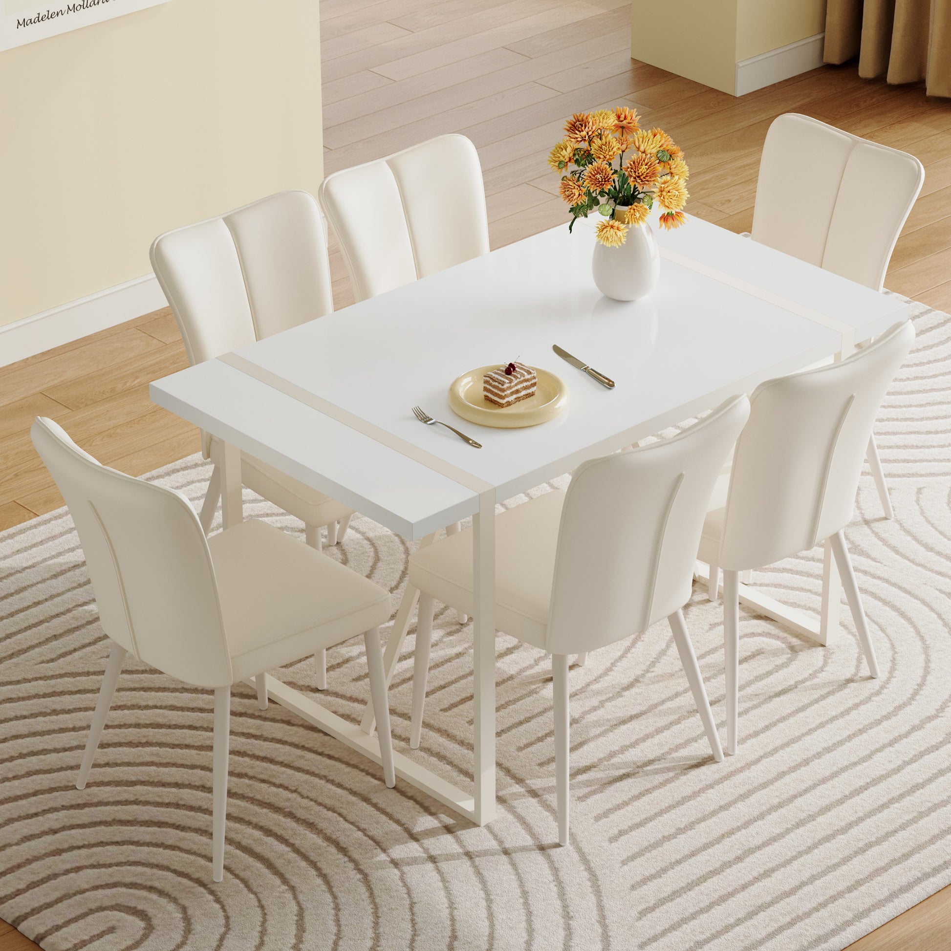 55"X31.5"Cream Style White Mdf Dining Table Set With 6 Armless Chairs.Mdf Tabletop And Metal Legs.The Backrest Of The Dining Chair Has A Vertical Line Design.Adding A Warm Atmosphere To Your Family.