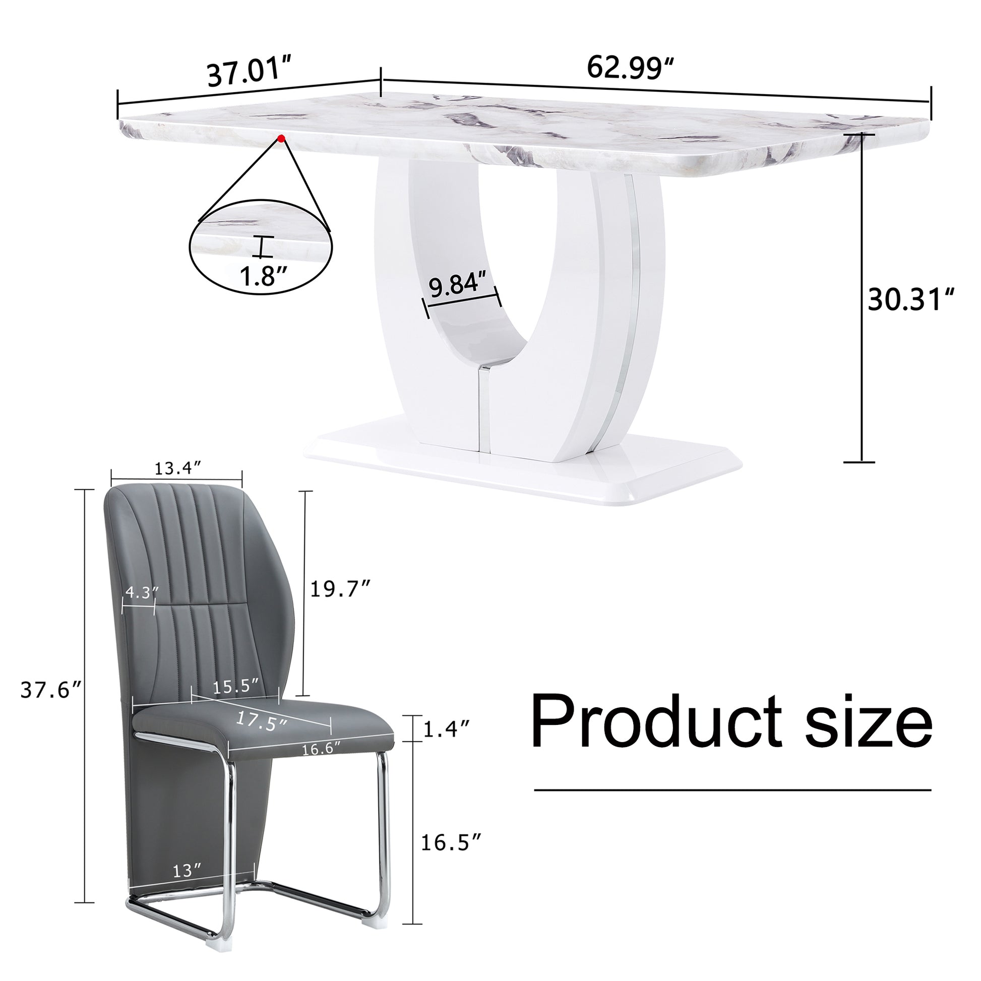 Table And Chair Set, Modern Luxurious White Imitation Marble Pattern Mdf Dining Table Rectangular Dining Table, Matched With Uniquely Shaped Pu High Backrest Seats,Suitable For Various Occasions. Grey White Seats 4 Mdf