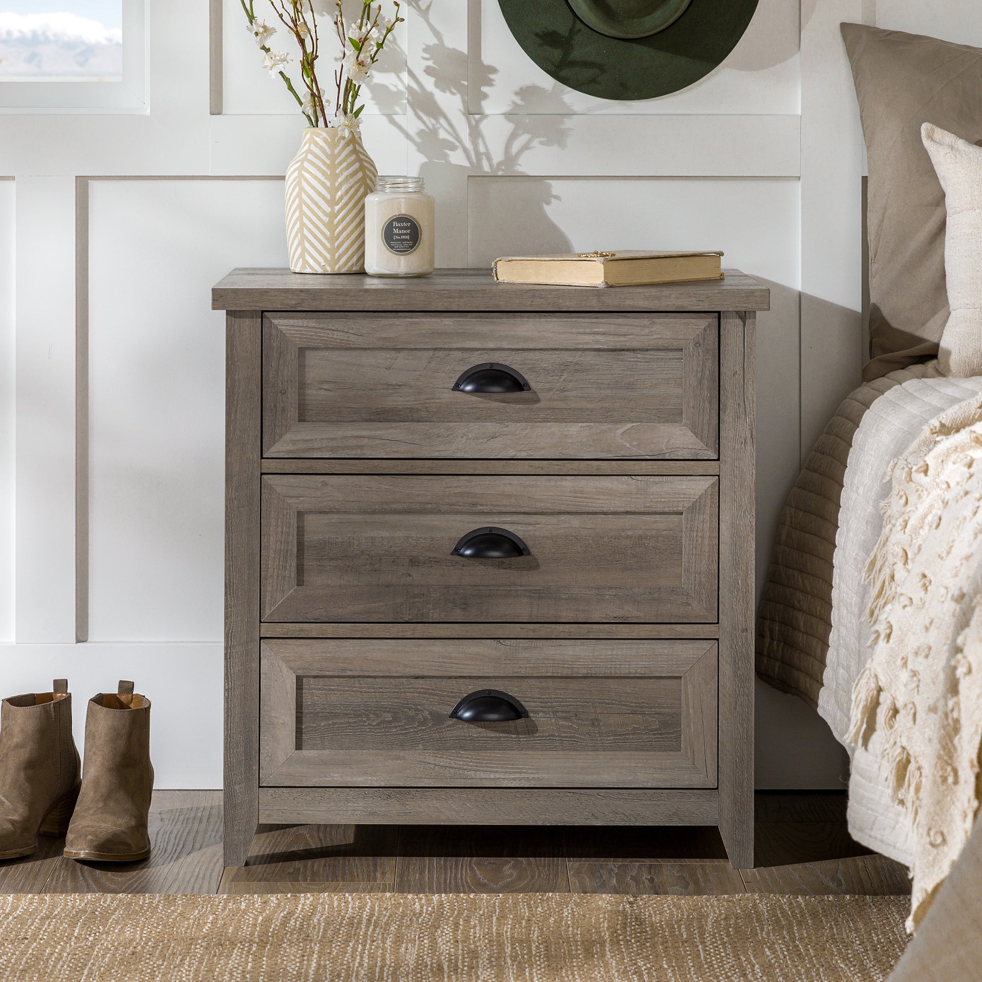 Transitional Farmhouse Framed 3 Drawer Nightstand With Cup Handles Grey Wash Gray Wash Mdf