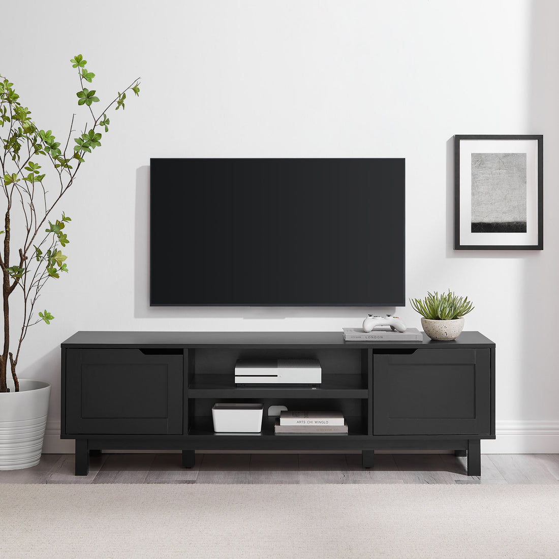 Modern 2 Door Open Storage Tv Stand For Tvs Up To 65 Inches Solid Black Black 60 69 Inches Mdf Mdf