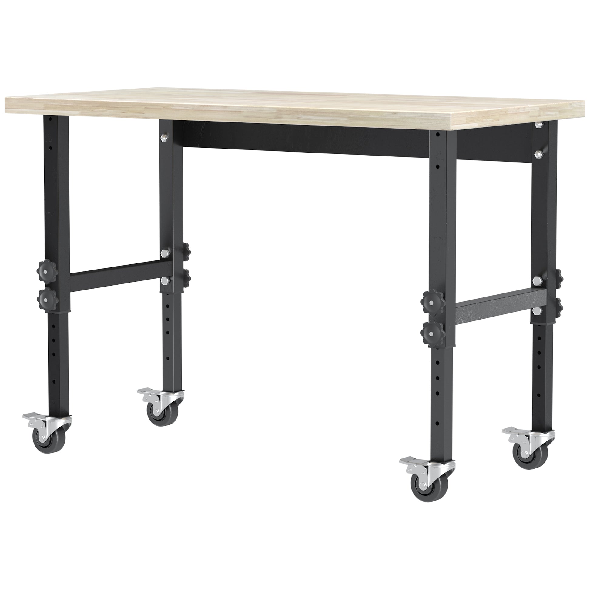 Homcom 47.25" Work Bench With Height Adjustable Legs, Bamboo Tabletop Workstation Tool Table On Wheels For Garage, Weight Capacity 1320 Lbs, Black Natural Natural Wood Bamboo