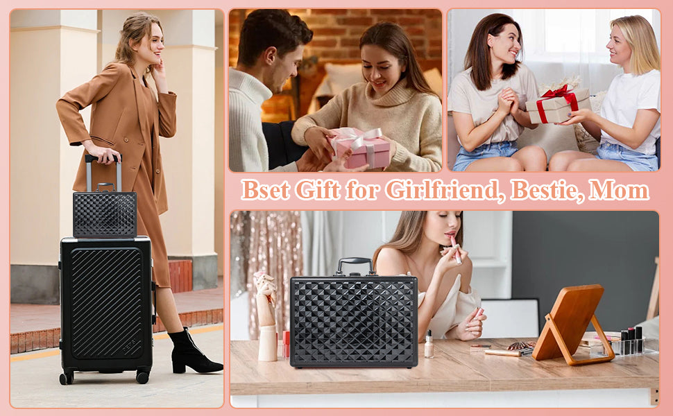 Portable Makeup Case With Led Mirror Travel Makeup Bag Cosmetic Organizer Box With Locks, Brush Holder, Dividers, Rechargeable, Black Black Aluminium Alloy