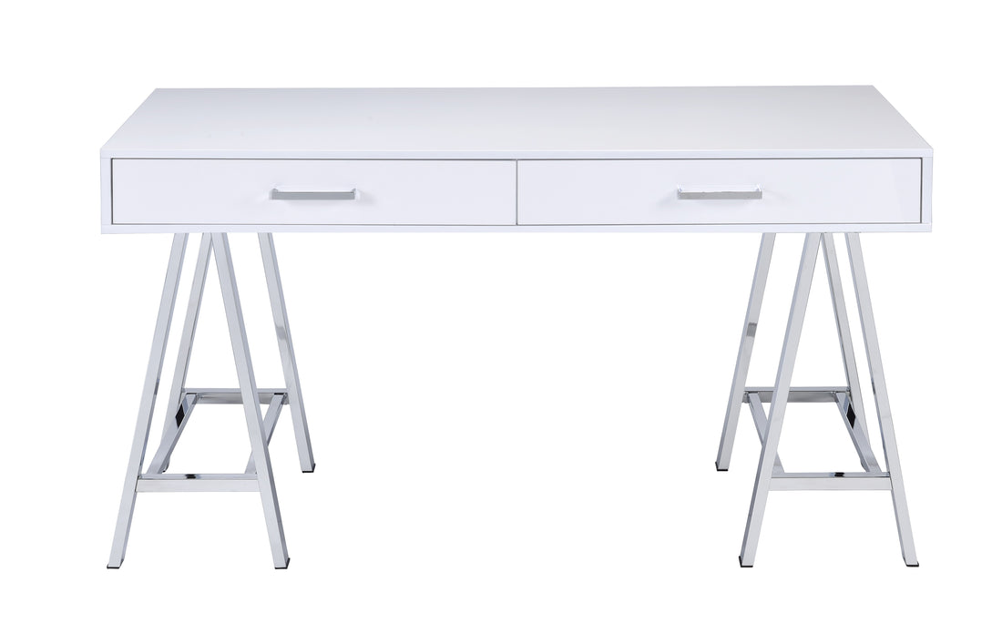 White High Gloss And Chrome Writing Desk With Usb Port White Silver Writting Desk Office Contemporary Rectangular Drawers Wood Metal