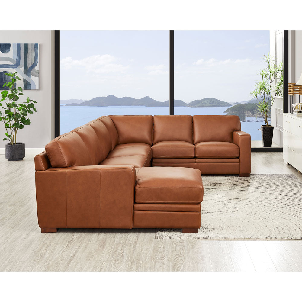 Dillon Leather Left Chaise Sectional Brown Genuine Leather Wood Primary Living Space Medium Firm Cushion Back Mid Century Modern U Shaped Eucalyptus Square Arms Down Filling Leather 6 Seat