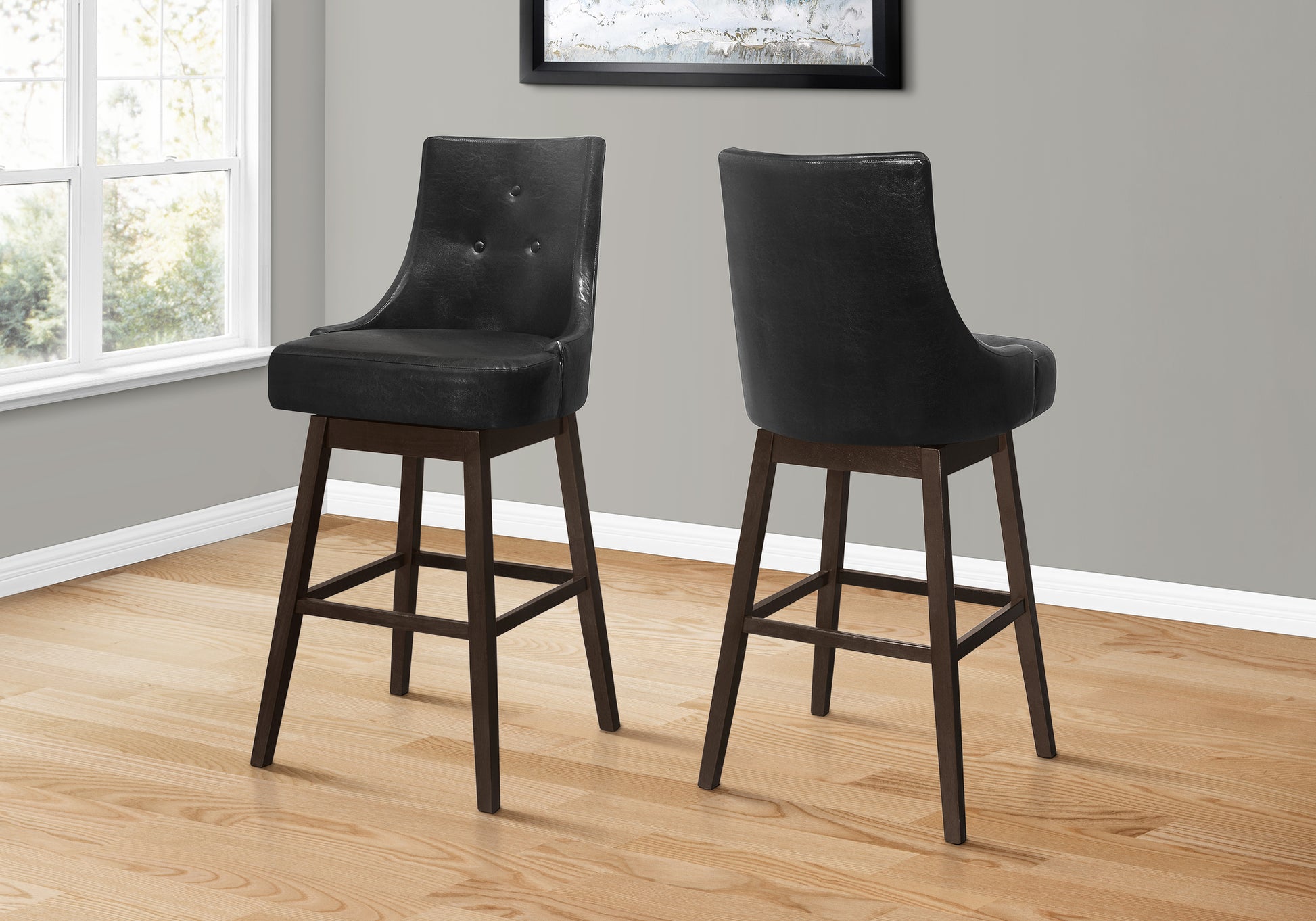 Bar Stool, Set Of 2, Swivel, Bar Height, Brown Wood, Black Leather Look, Transitional Black Foam Solid Wood