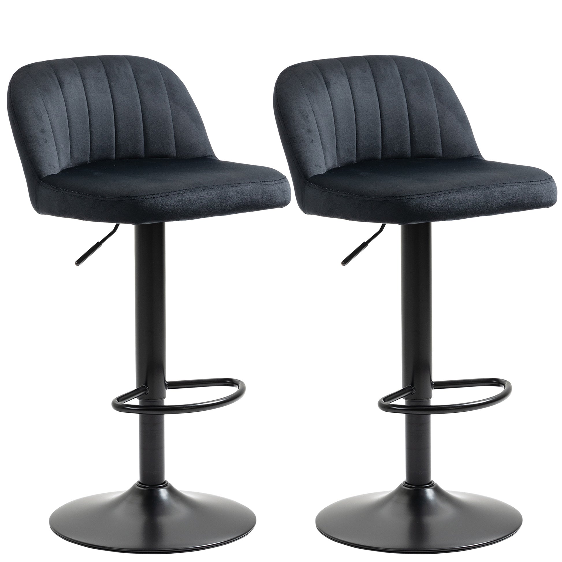Homcom Adjustable Bar Stools Set Of 2, Velvet Counter Height Barstool, Upholstered Kitchen Stool With Swivel Seat, Steel Frame, Footrest For Kitchen Counter And Dining Room, Black Black Polyester